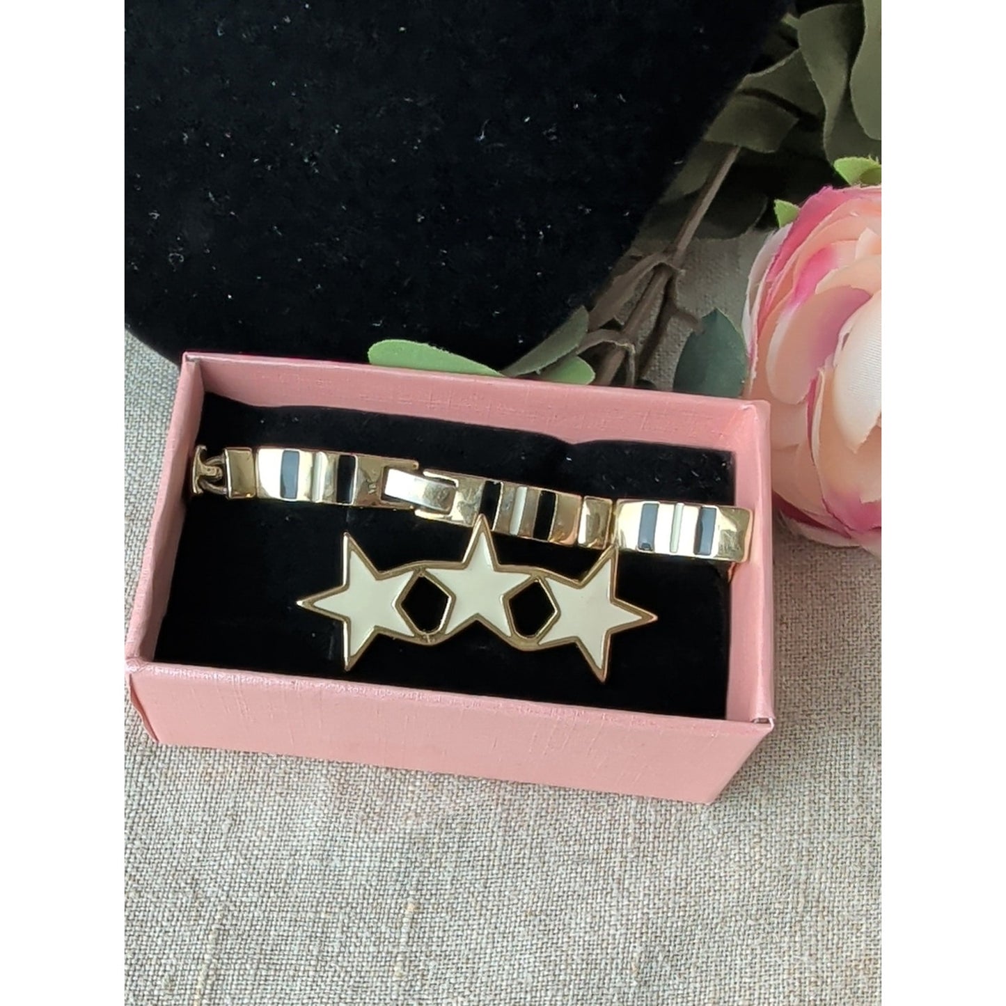 Monet White Enamel Star Brooch and Minimalist Bracelet Set