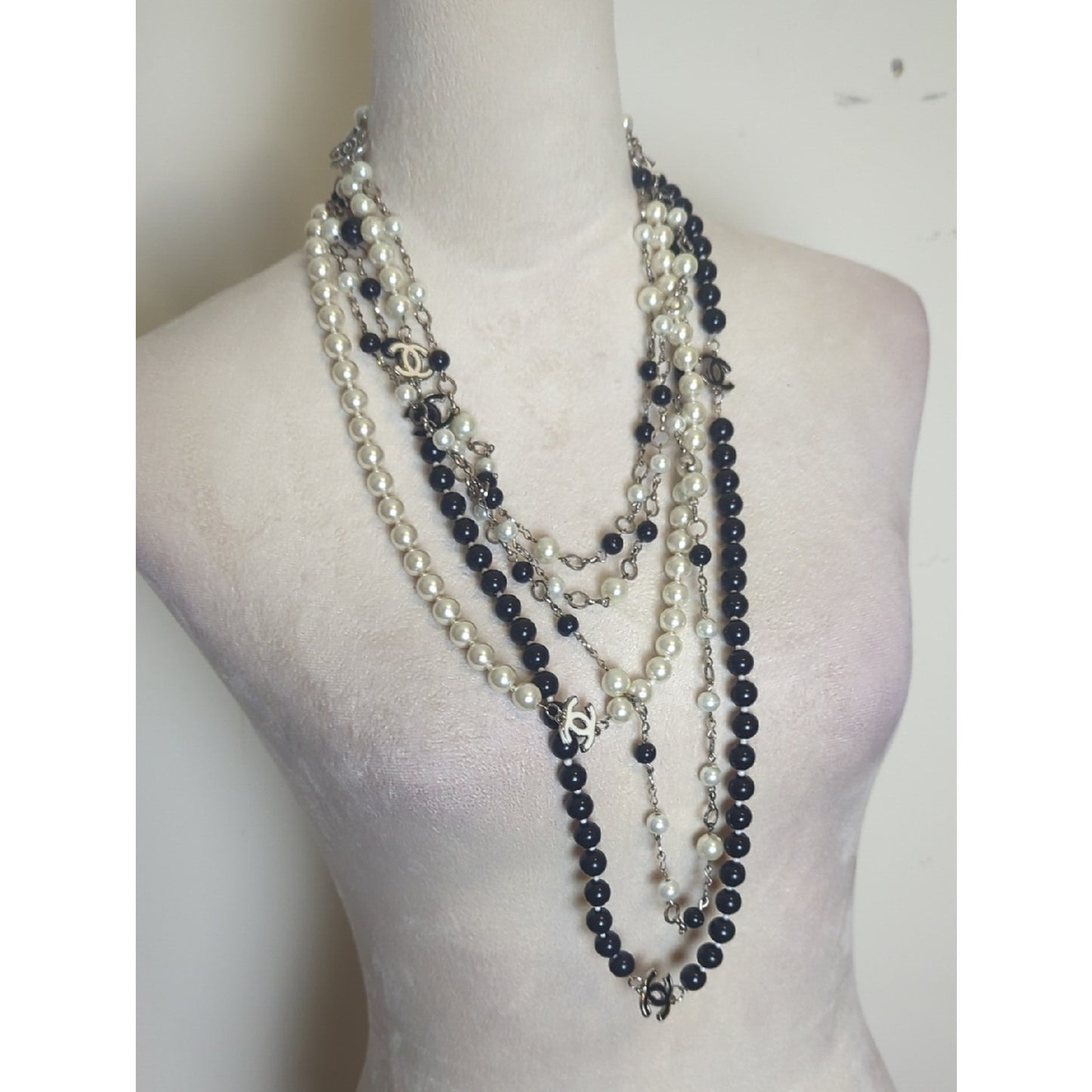 Black & Ivory Pearl Statement Necklace Layered Long Beaded Statement Strand