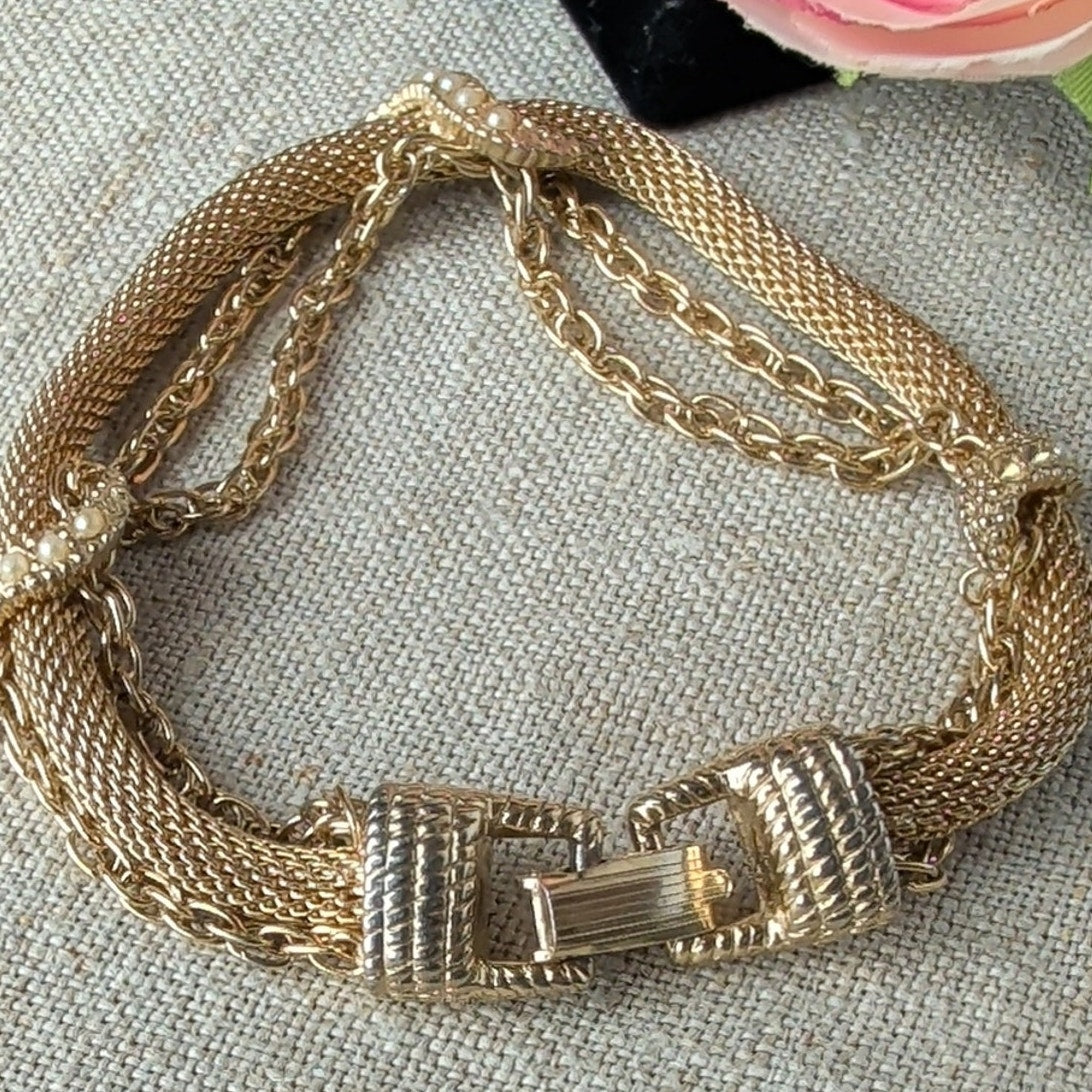 Vintage 1960s Goldette Gold Tone Mesh Bracelet Wide Woven Victorian Revival