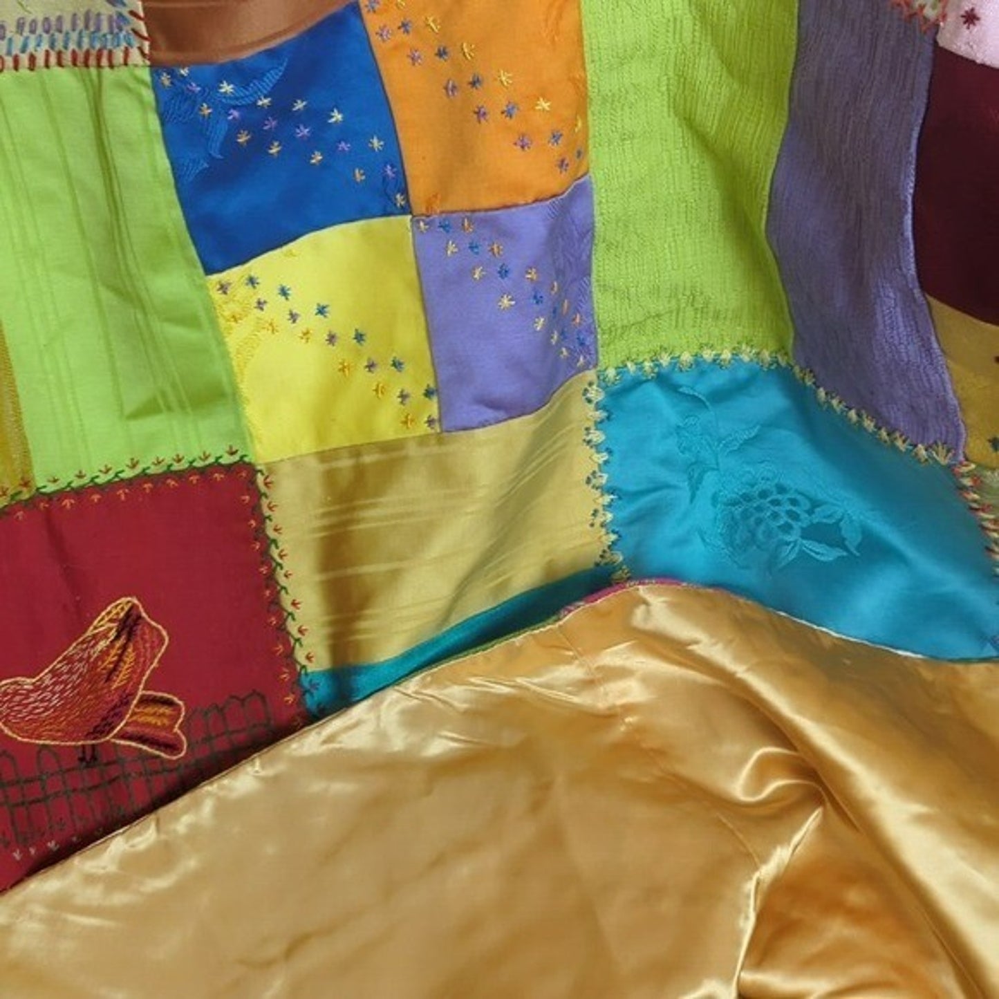 Crazy Quilt Large Rare Vintage Patchwork Quilt Embroidered Gold Satin Back 58x88