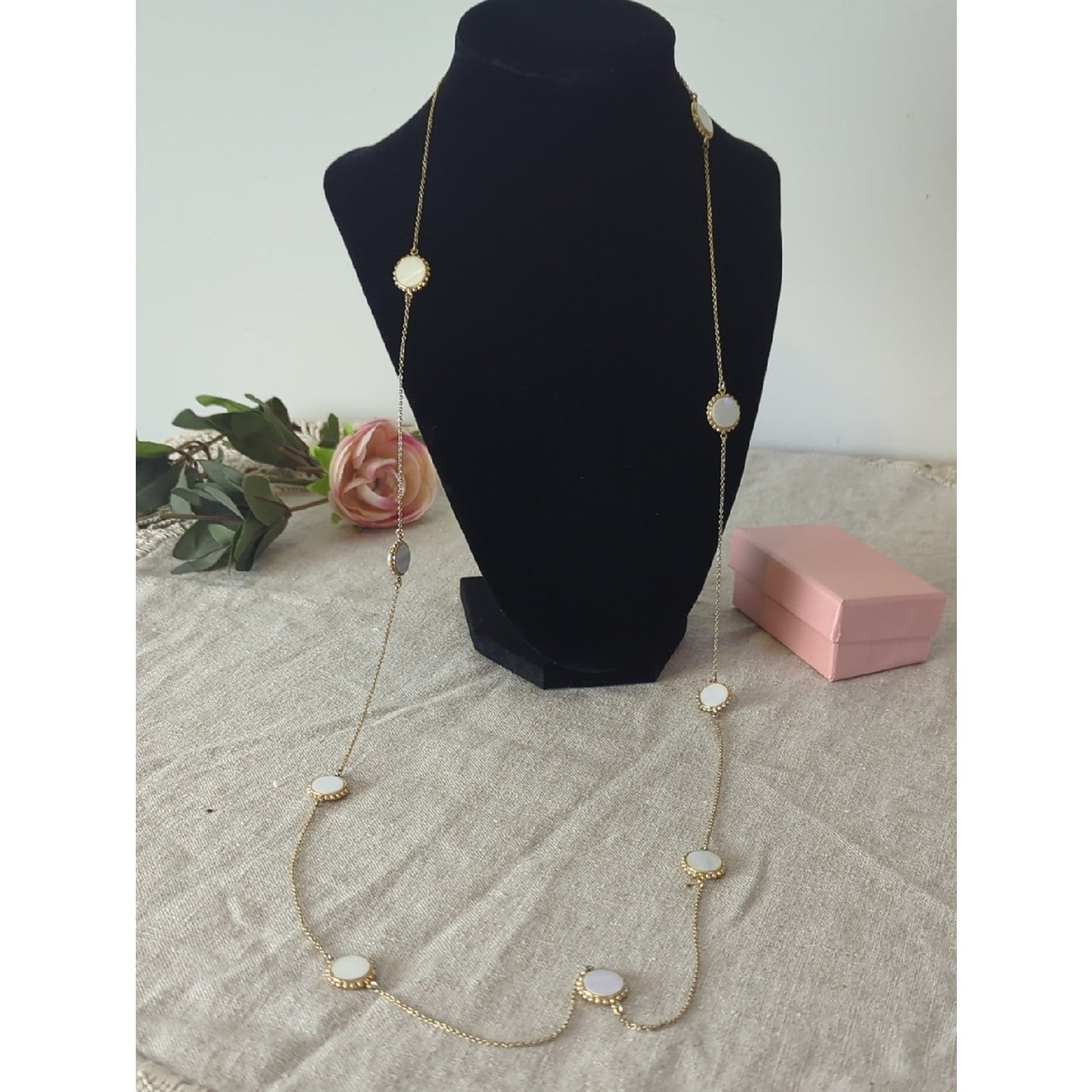 Mother of Pearl Long Layered Gold Necklace, Iridescent Shell Station Coastal