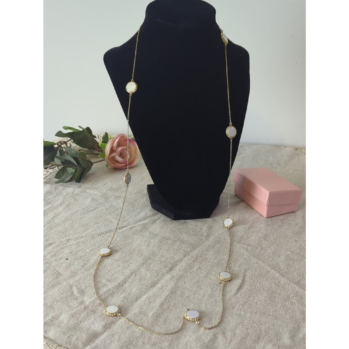 Mother of Pearl Long Layered Gold Necklace, Iridescent Shell Station Coastal