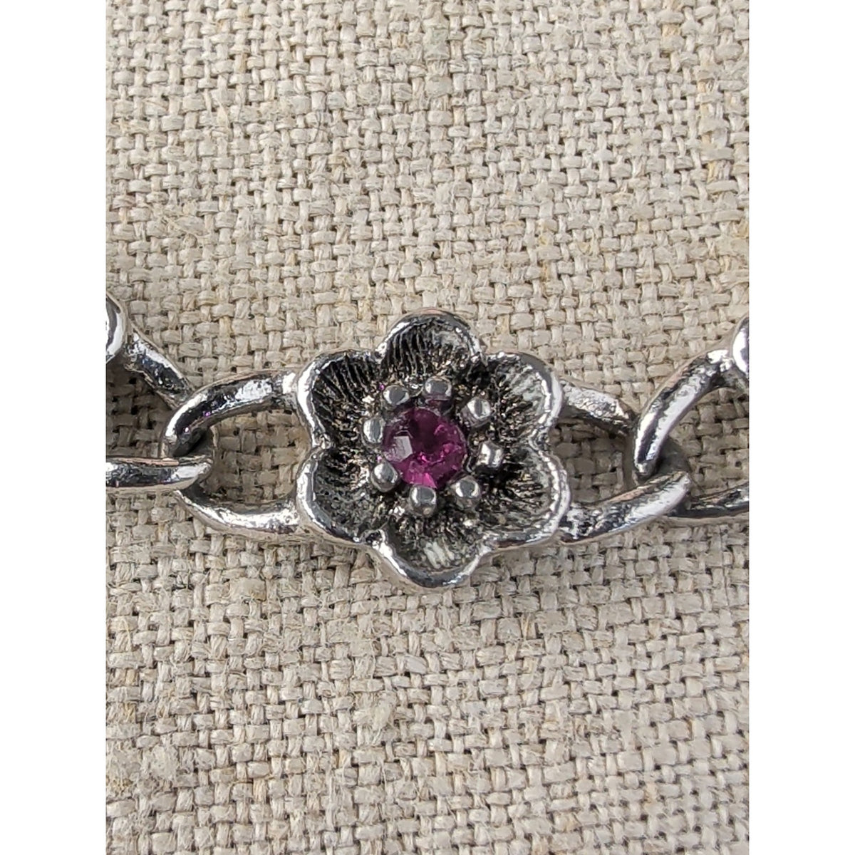 Avon Ornate Silver Tone Floral Bracelet Purple Glass Rhinestones