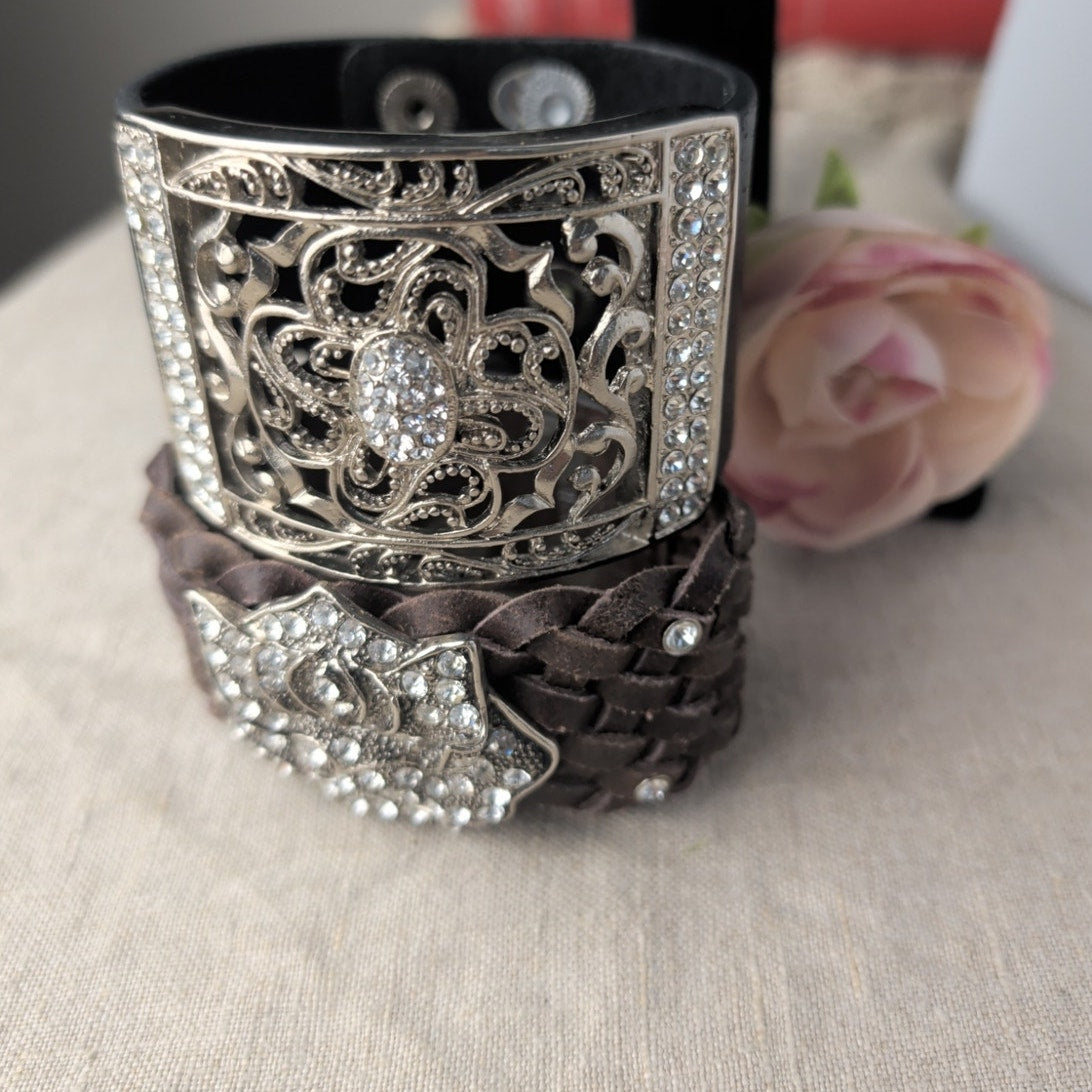 Coastal Cowgirl Genuine Leather Snap Rhinestone Bracelet Black & Brown Layering