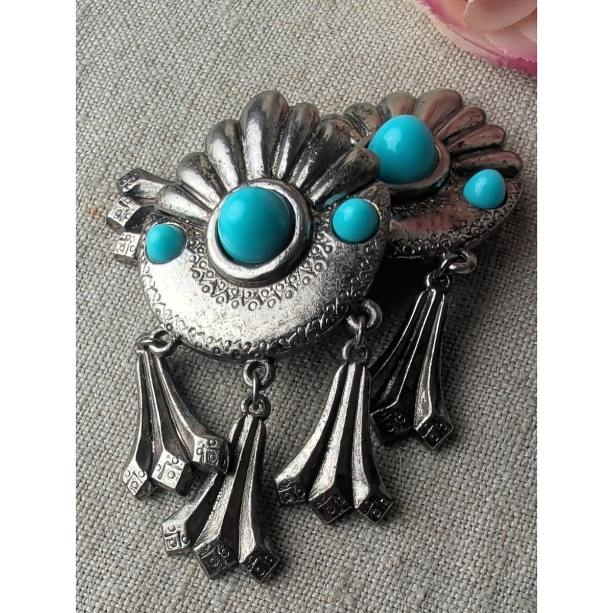Vintage 90s Southwestern Turquoise Statement Clip On Earrings Silver Tone Dangle