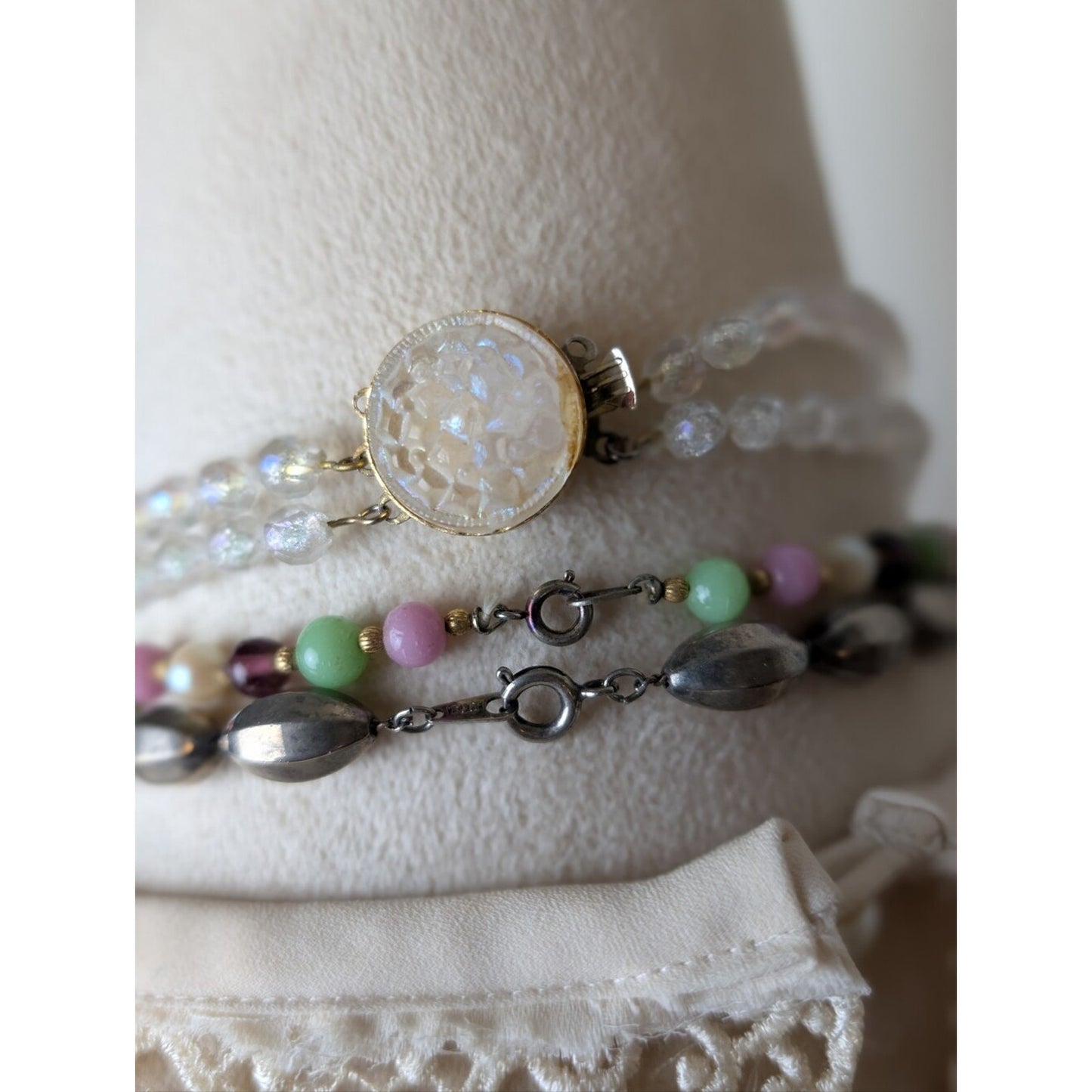 Curated Vintage Layered Necklace Trio Coquette Romantic Glass & Aurua Beads