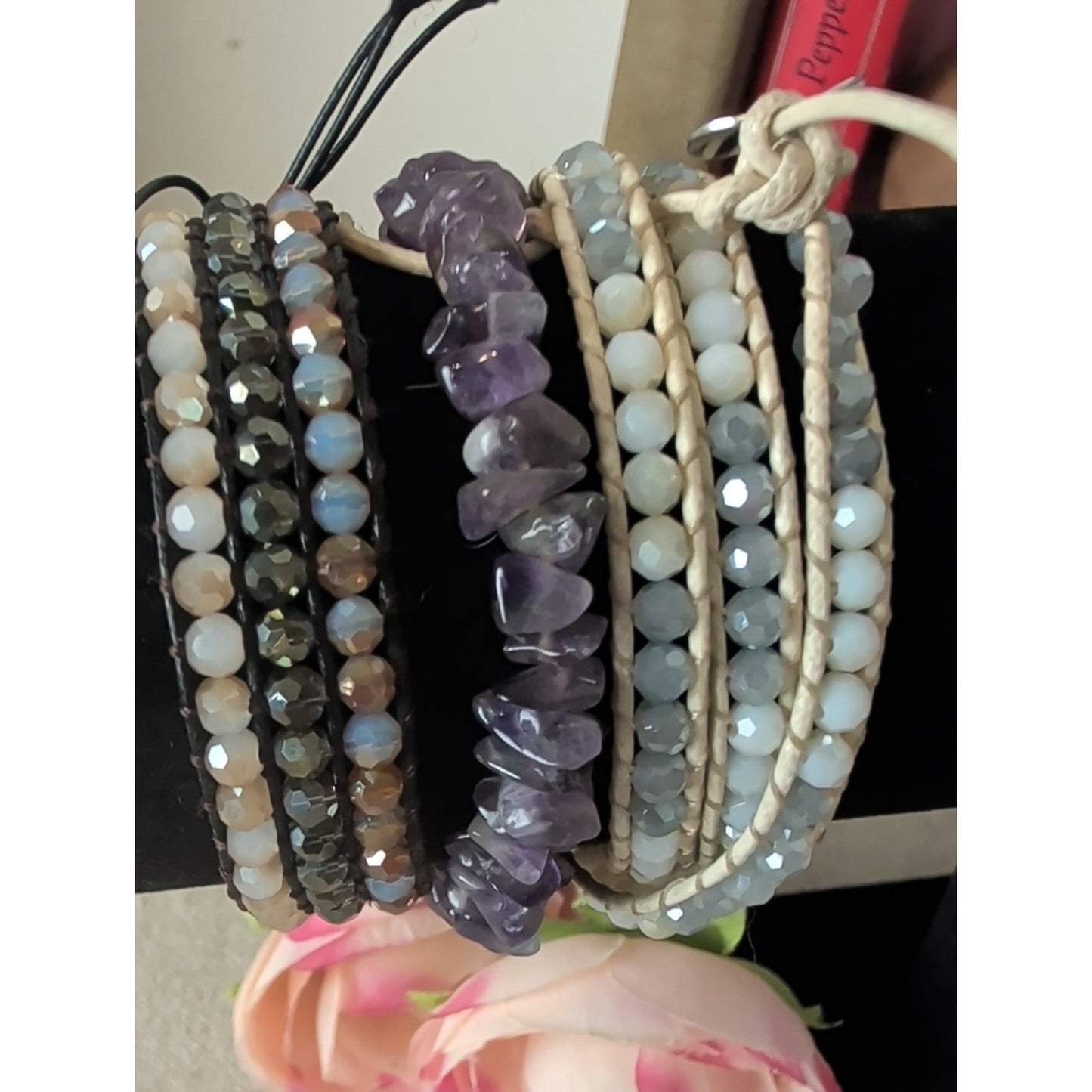 Amethyst Gemstone & Crystal Glass Bracelet Stack Boho Wrap Set of 3