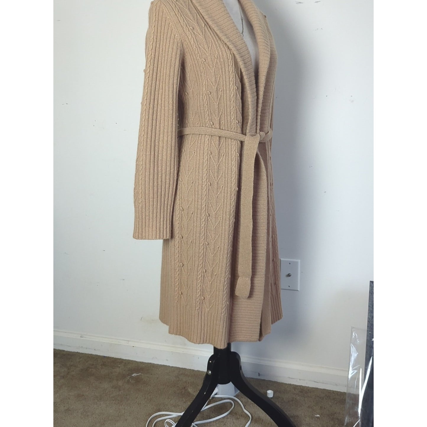 Lambswool Angora Midi Cardigan Y2K Neutral Cable Knit Belted Soft Luxe Layer L
