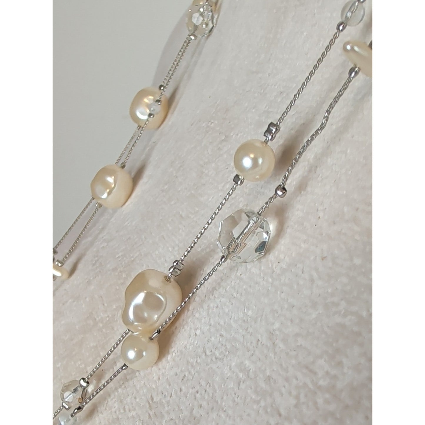 Vintage Opera Length Faux Pearl & Glass Crystal Necklace Romantic Coquette