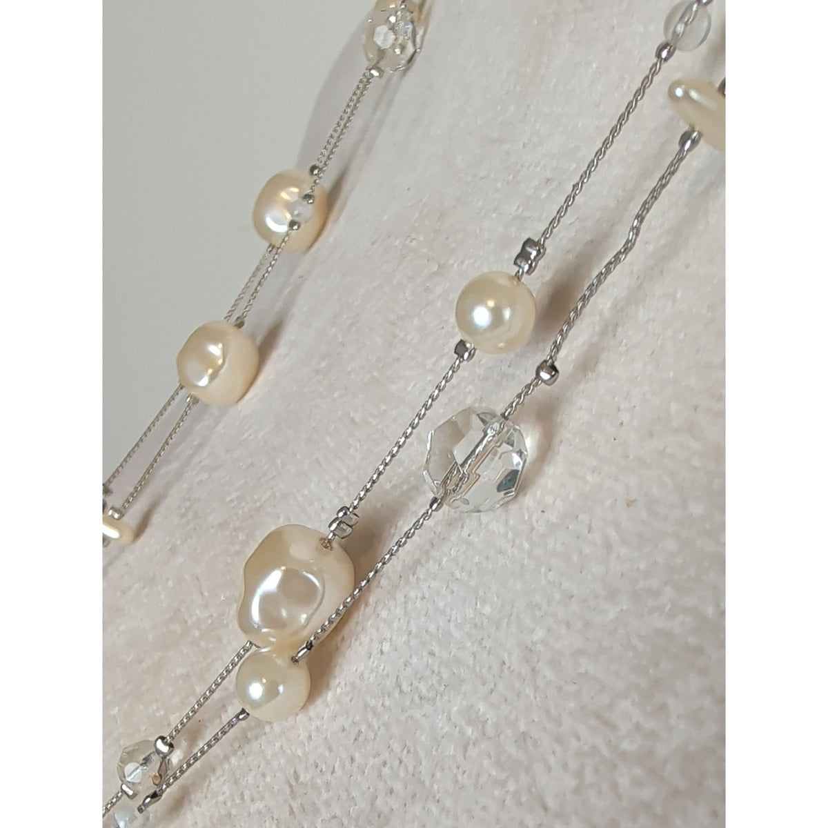 Vintage Opera Length Faux Pearl & Glass Crystal Necklace Romantic Coquette