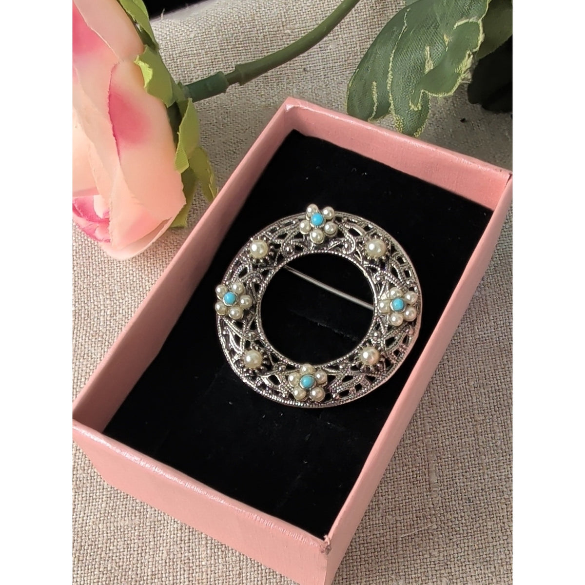 Vintage Faux Pearl Floral Circle Brooch Blue Cabochon Silver Tone Coquette