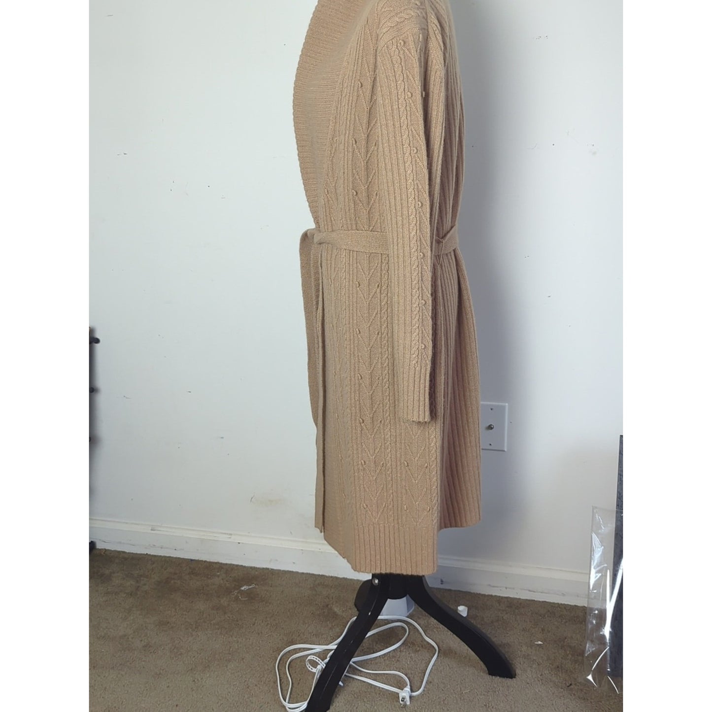 Lambswool Angora Midi Cardigan Y2K Neutral Cable Knit Belted Soft Luxe Layer L