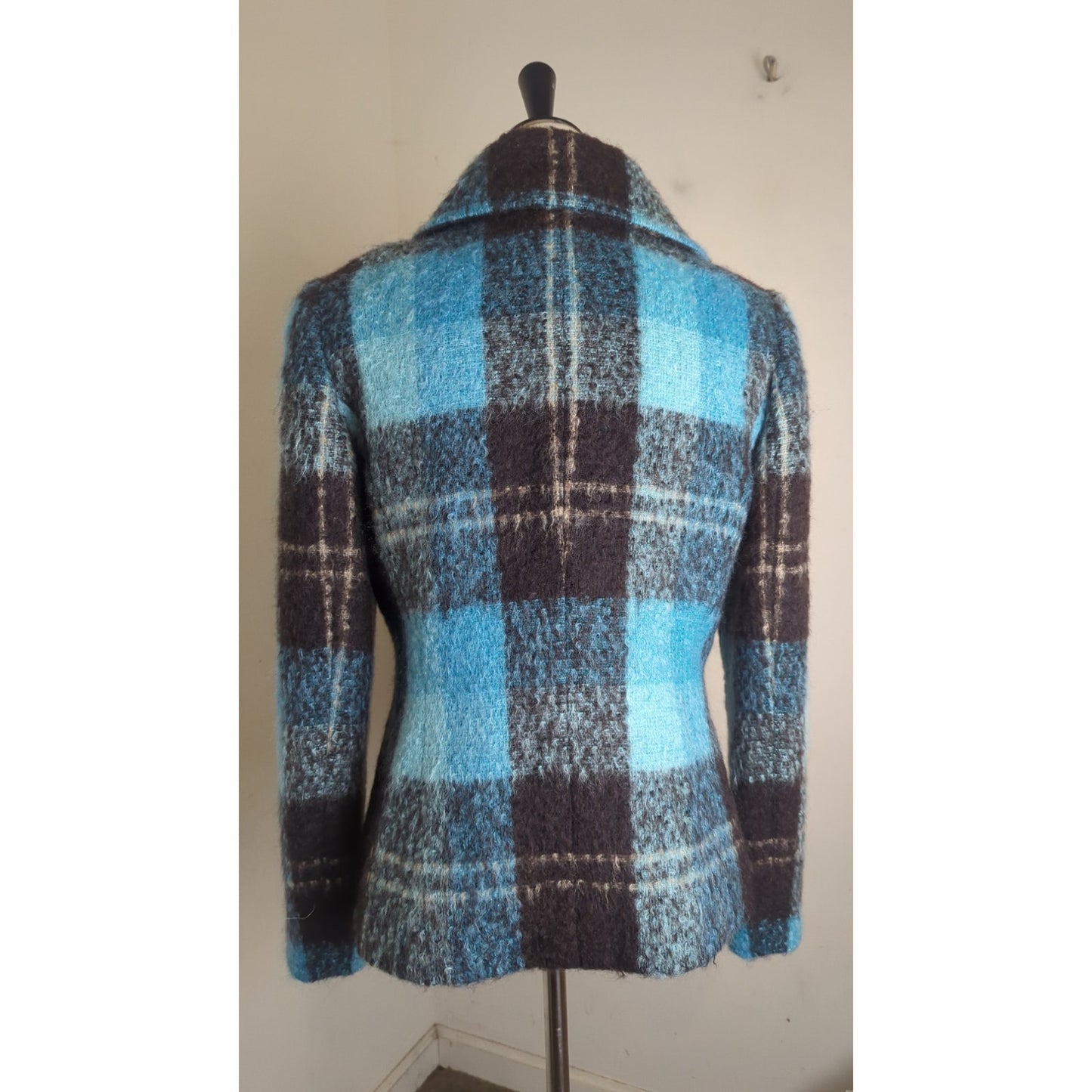 Vintage Mod Mohair Silk Wool Teal & Brown Plaid Lined Jacket Women's Size 8