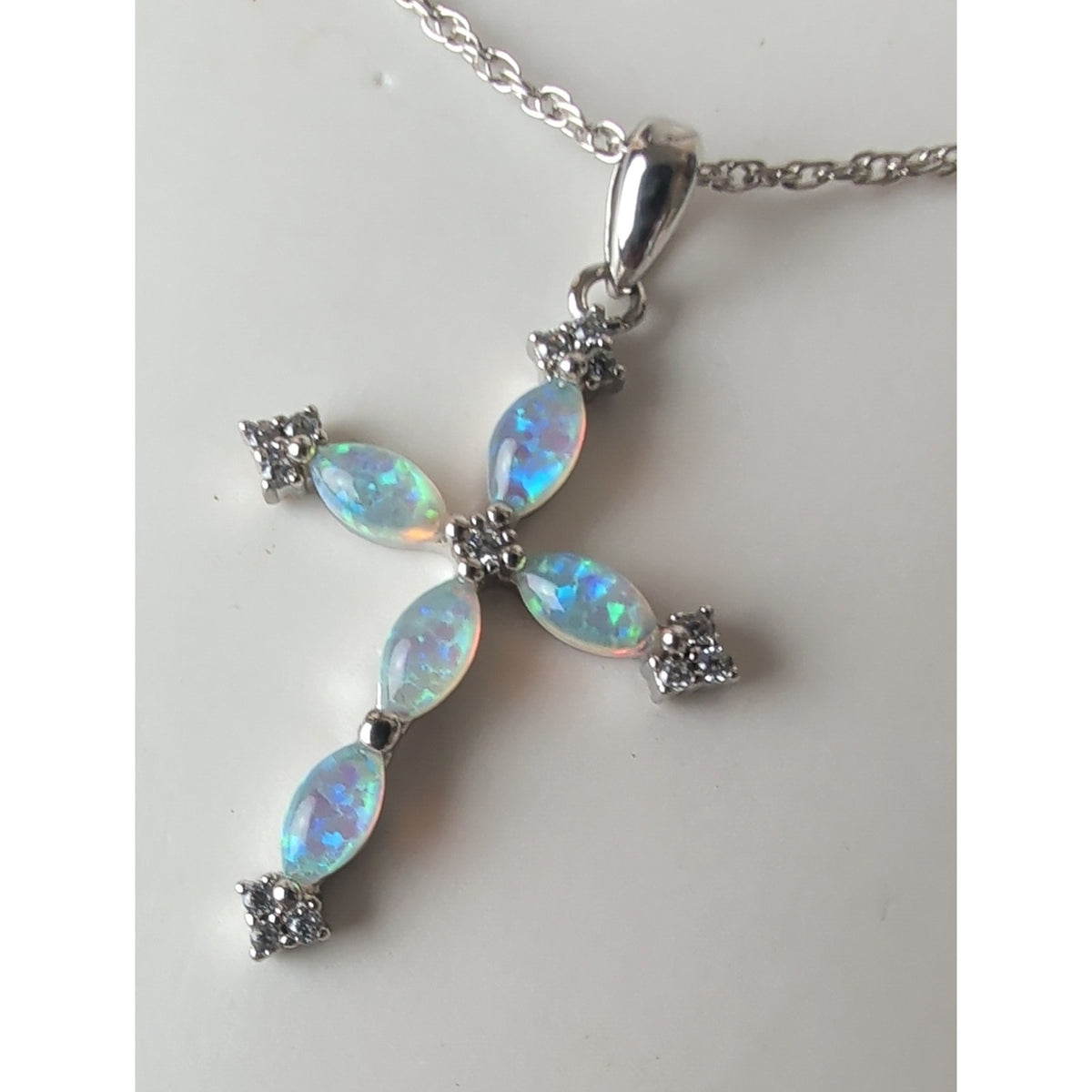 Brilliance Fine Jewelry Simulated Opal Cross Necklace Sterling Silver Plated