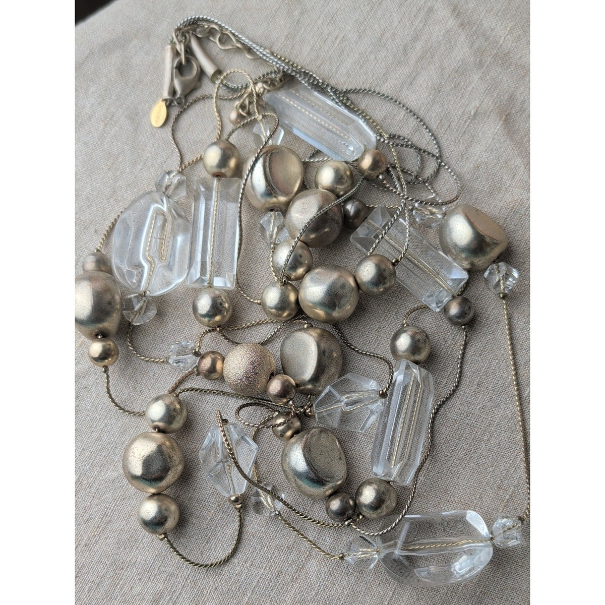 3 Strand Opera Necklace Silver Tone Clear Bead Chunky Art To Wear