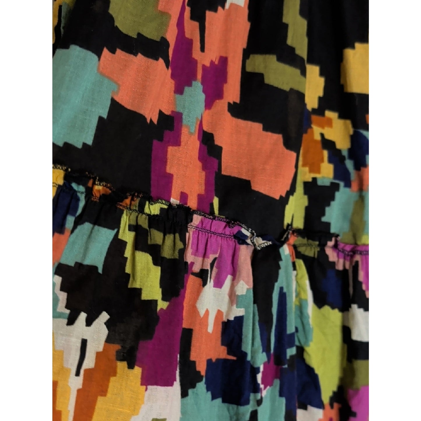 Vintage Boho Tiered Midi Skirt  Smocked Waist Abstract Floral Cotton Large