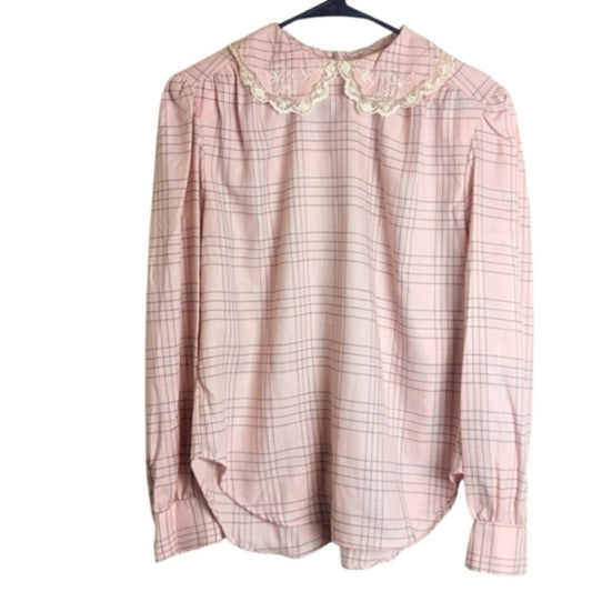 Vintage Cottagecore Twee Pink Plaid Lace Embroidered Collar Top Women's *S/M