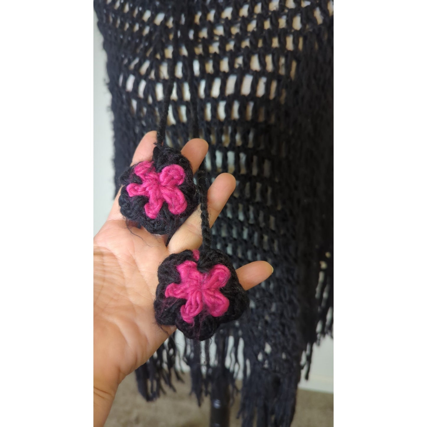 Fairy Grunge Black Open Knit Fringe Poncho Women's Medium
