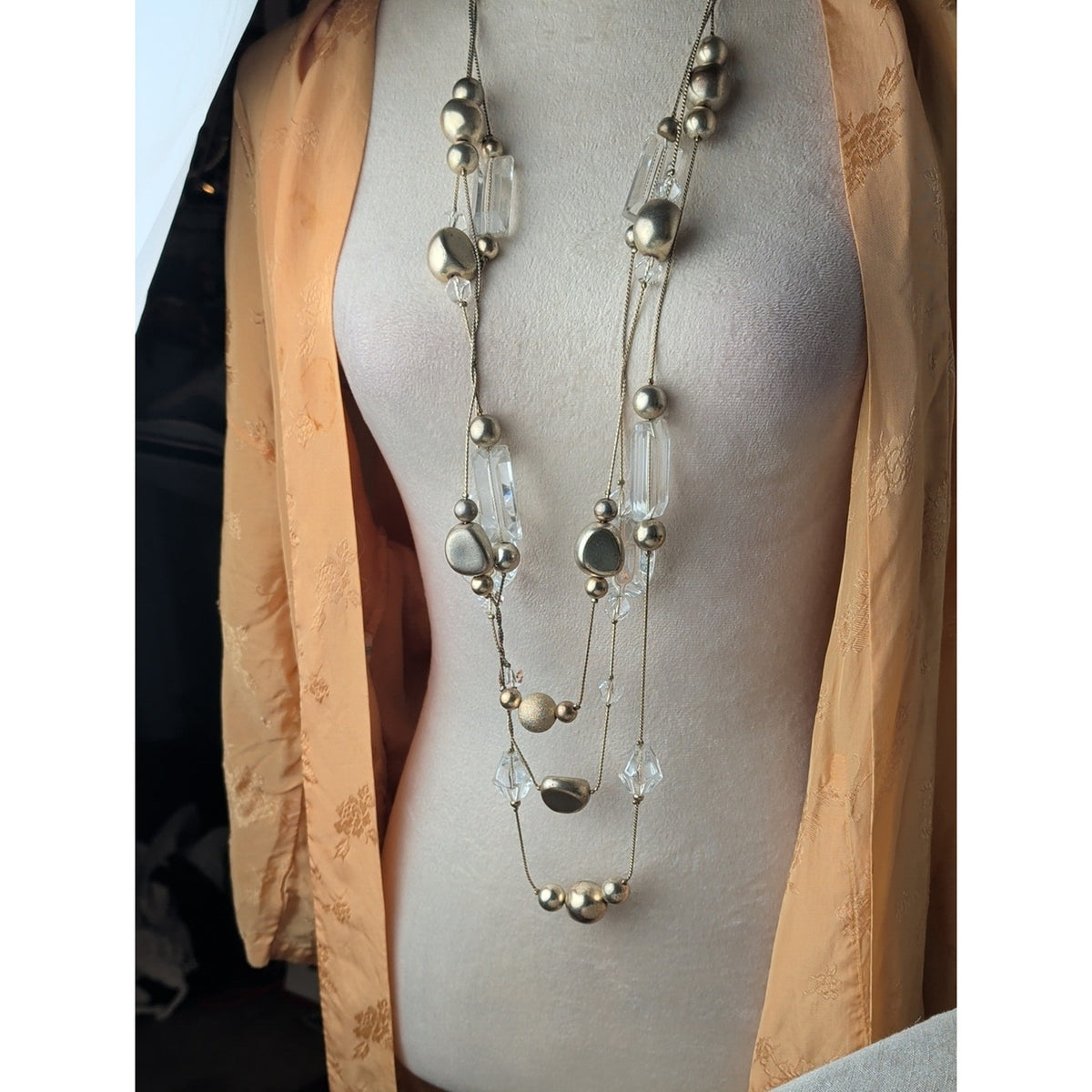 3 Strand Opera Necklace Silver Tone Clear Bead Chunky Art To Wear