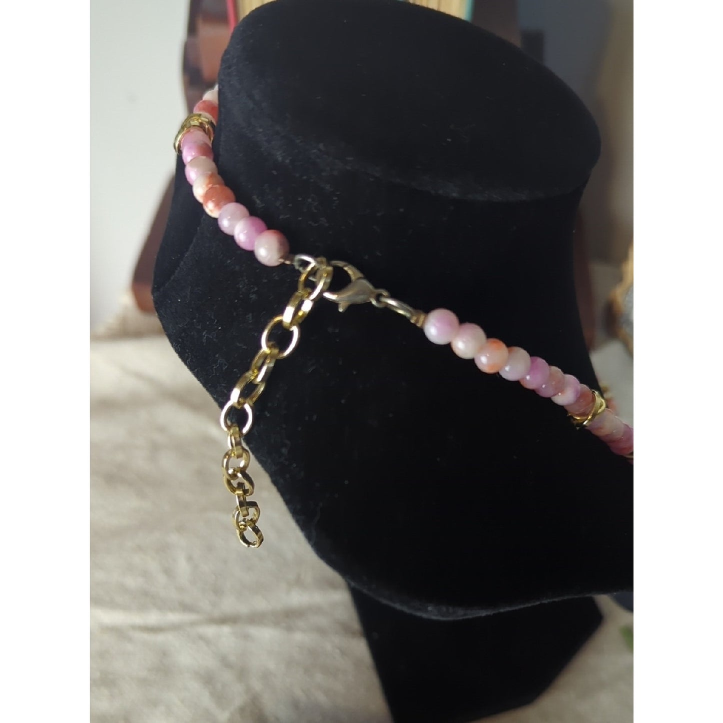 Vintage Pink Marbled Glass Bead Necklace Set Gold Accent Soft Glam Coquette Girl