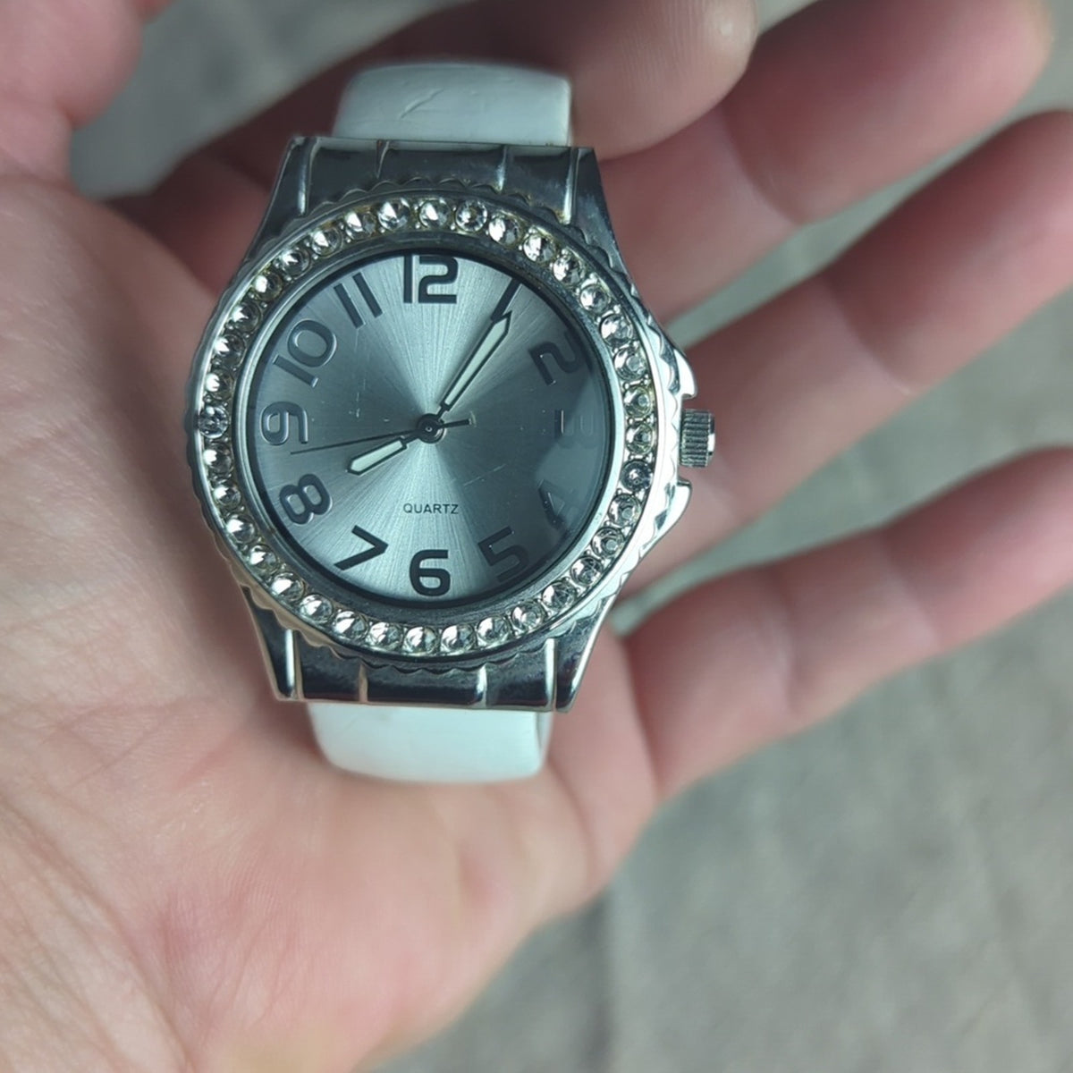 White Cuff Watch Rhinestone Bezel Statement Watch Oversized Face Fashion Watch