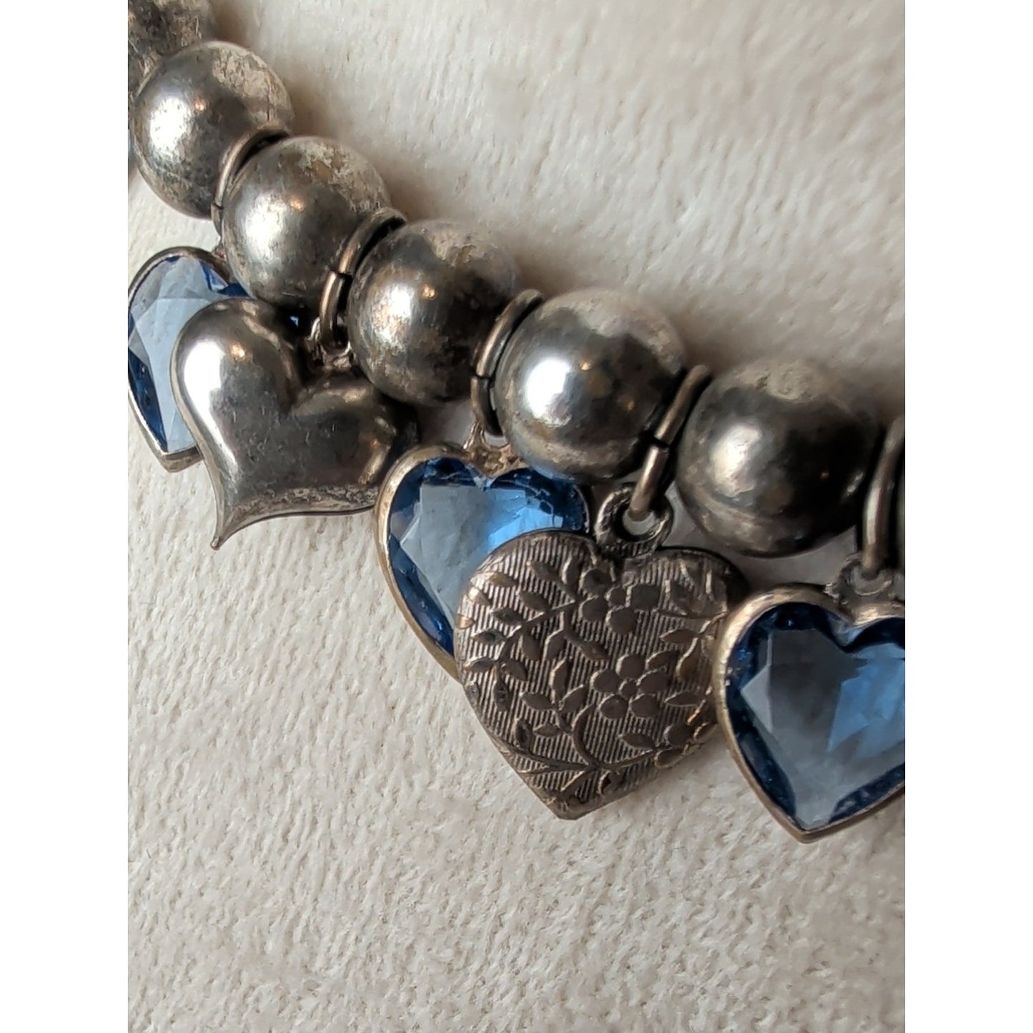 Vintage Artisan Heart Charm Necklace Sterling Accent Blue Faceted Glass