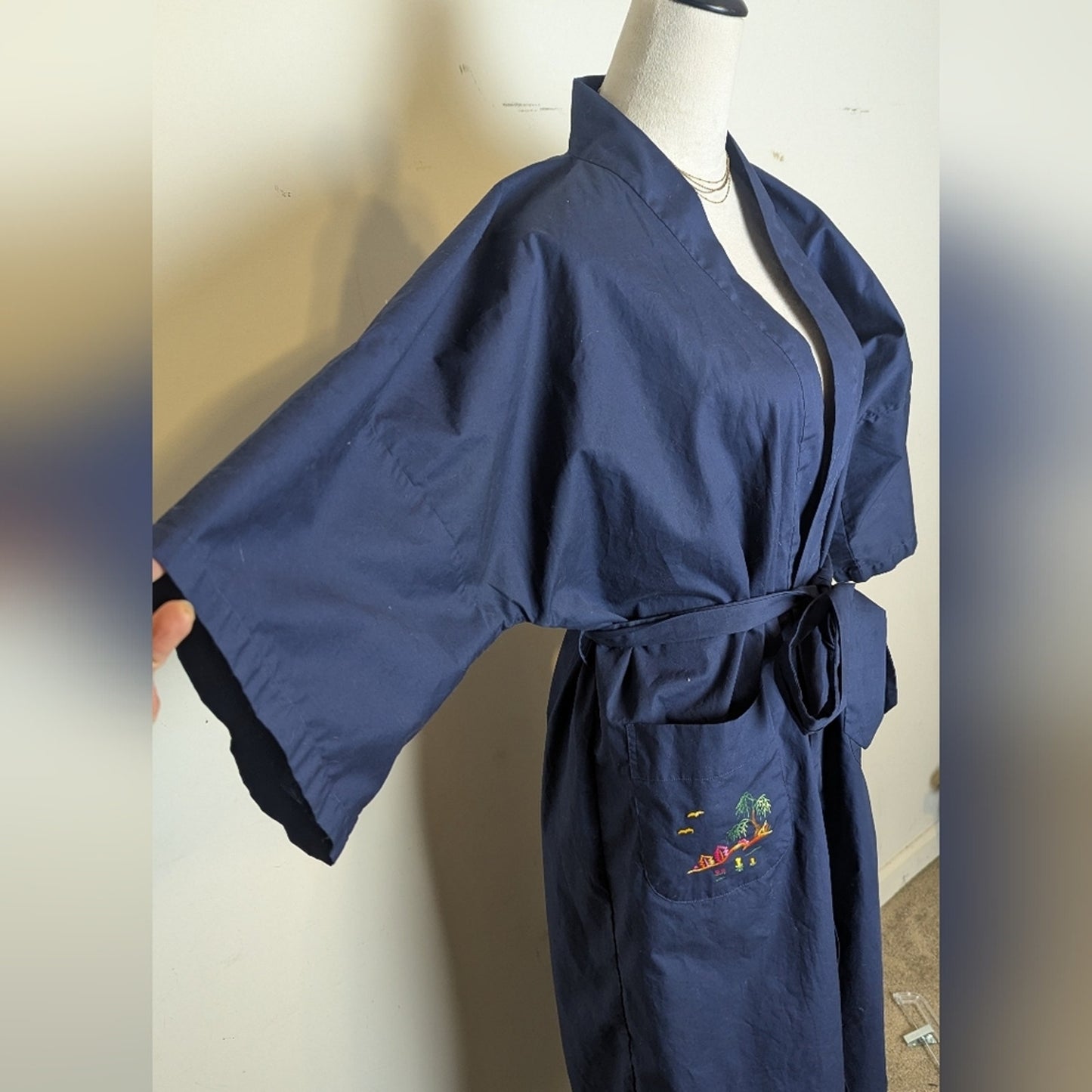 Vintage Japanese-Inspired Kimono Robe Navy Wrap Duster  Embroidered Pockets