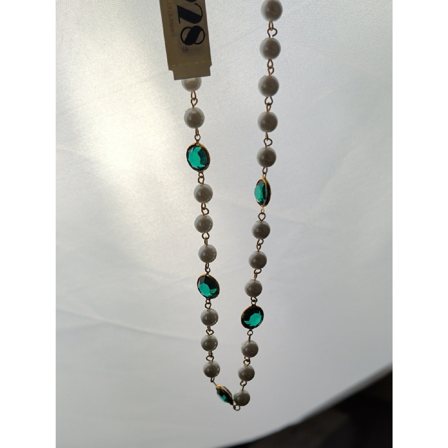 1928 14K Gold Dipped Faux Pearls Emerald Green Cabochon Necklace