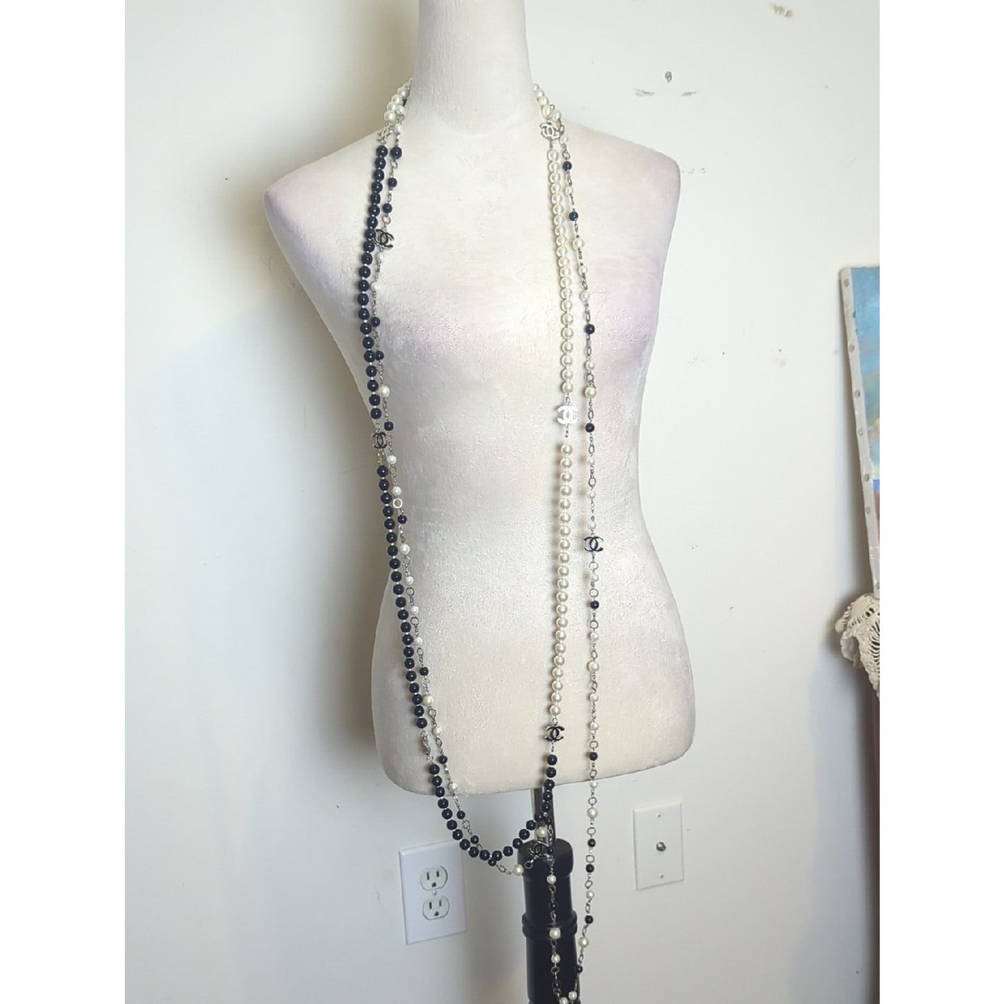 Black & Ivory Pearl Statement Necklace Layered Long Beaded Statement Strand