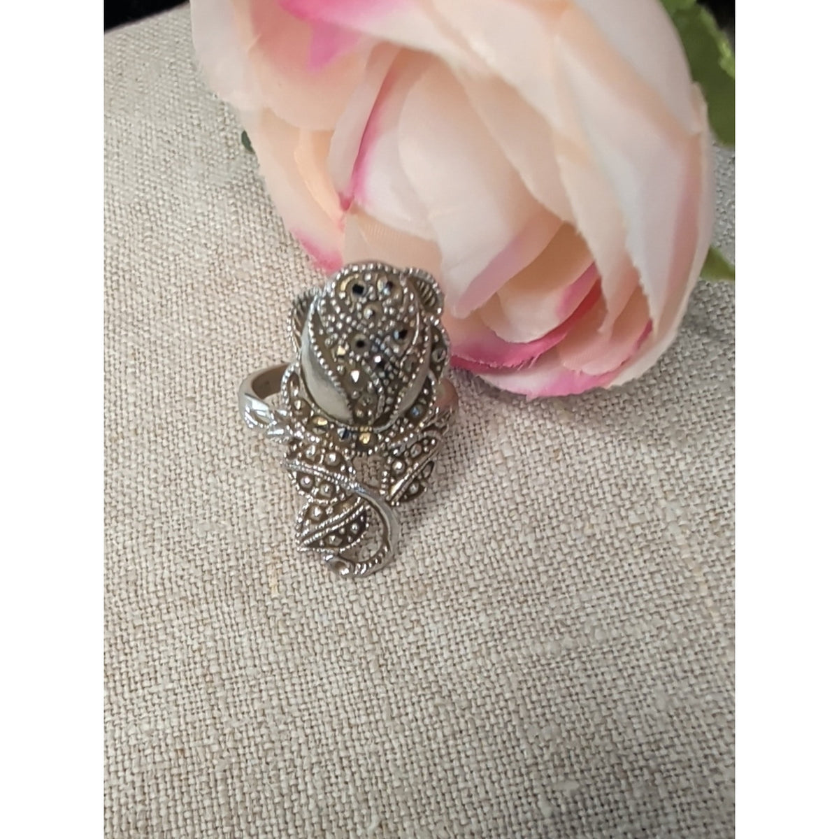 Whimsigoth Unique Vintage Rose Ring Rhinestones Silvertone Size 7.75