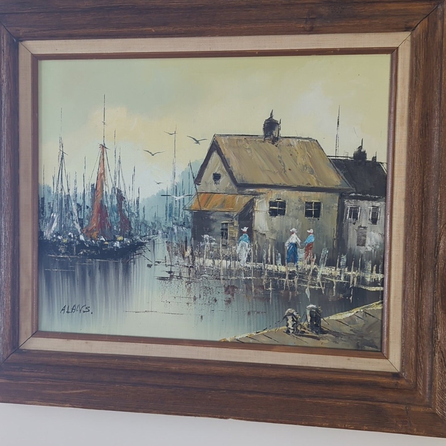 Vintage Harbor Village Oil Painting on Canvas Signed Framed Coastal European