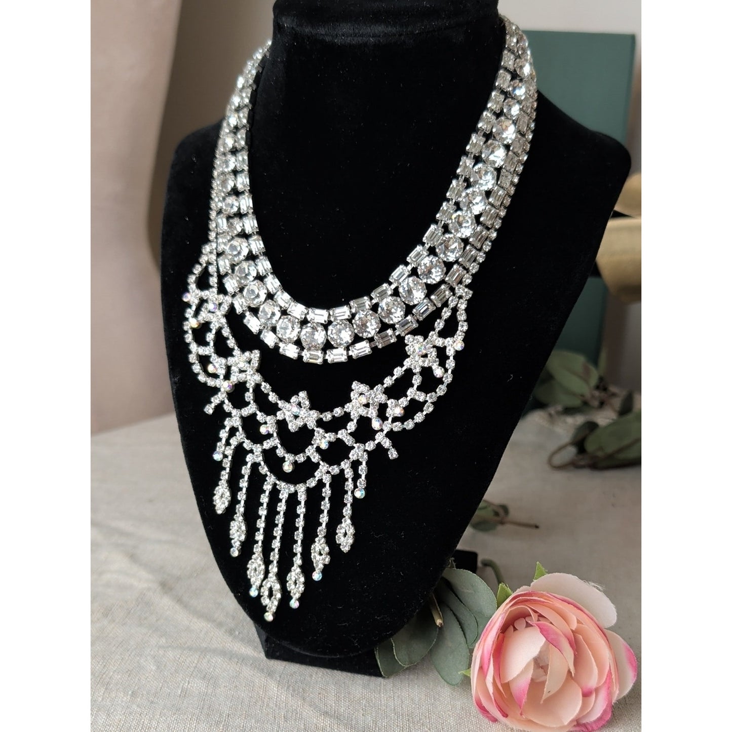 Vintage Rhinestone Necklace Set Old Hollywood Glam Bridal Statement Jewelry