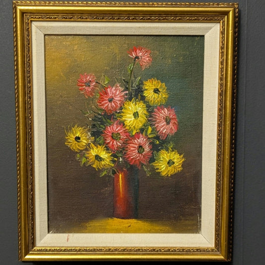 Vintage Moody Floral Oil Painting | Mid-Century Still Life in Gilt Frame | European Cottagecore Wall Art