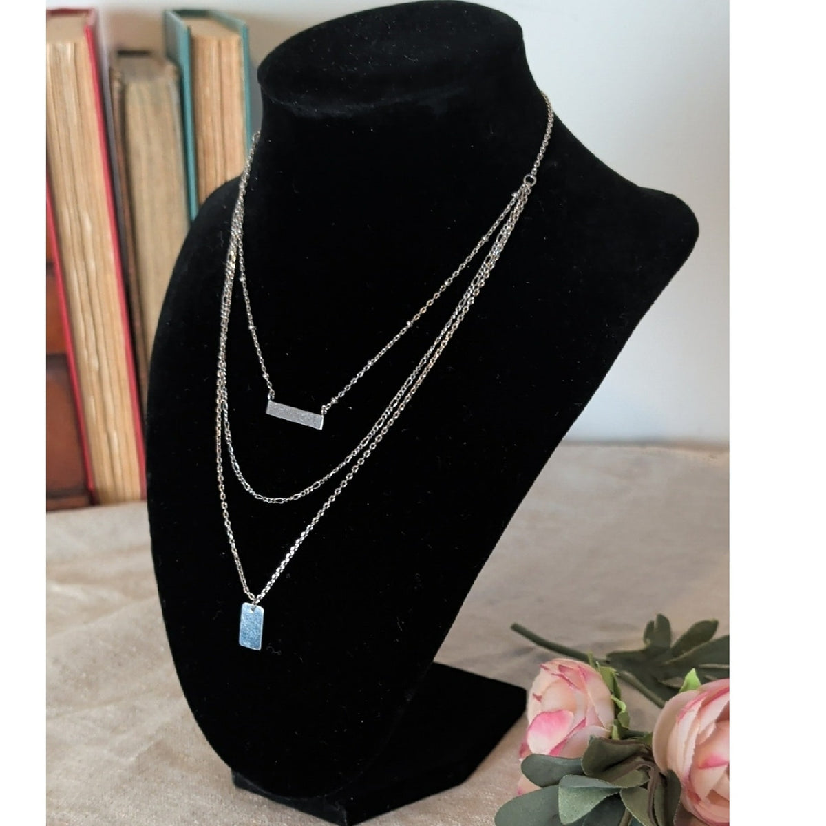 Forever Silver Triple Layered Bar Necklace Minimalist Silver Chain Stack Dainty