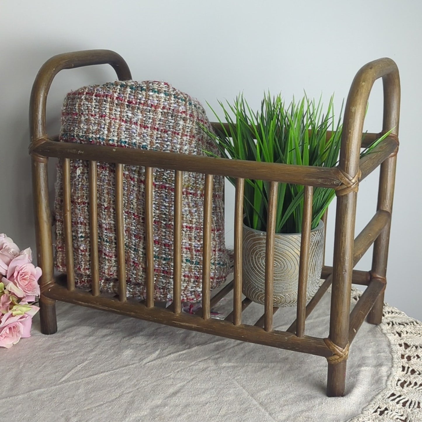 Vintage Bamboo Magazine Rack Towel Storage Rattan Book Holder Mid-century