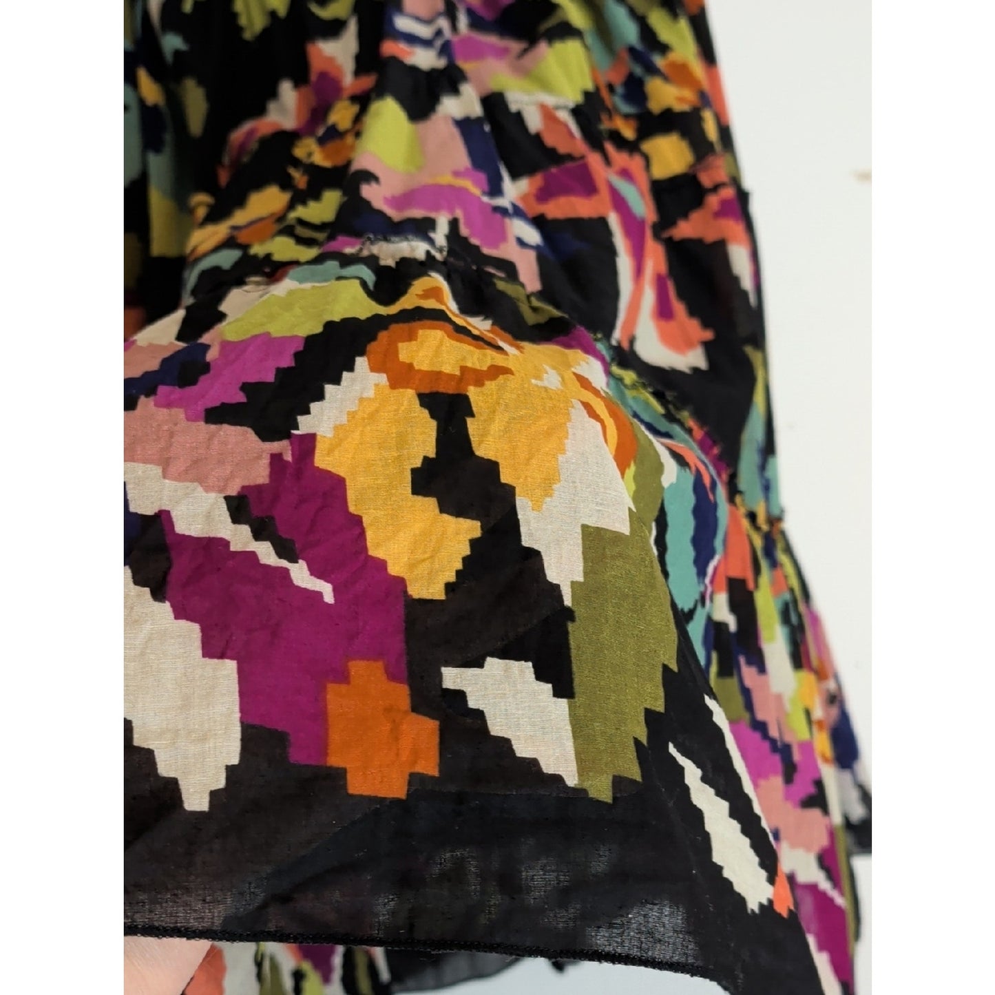 Vintage Boho Tiered Midi Skirt  Smocked Waist Abstract Floral Cotton Large