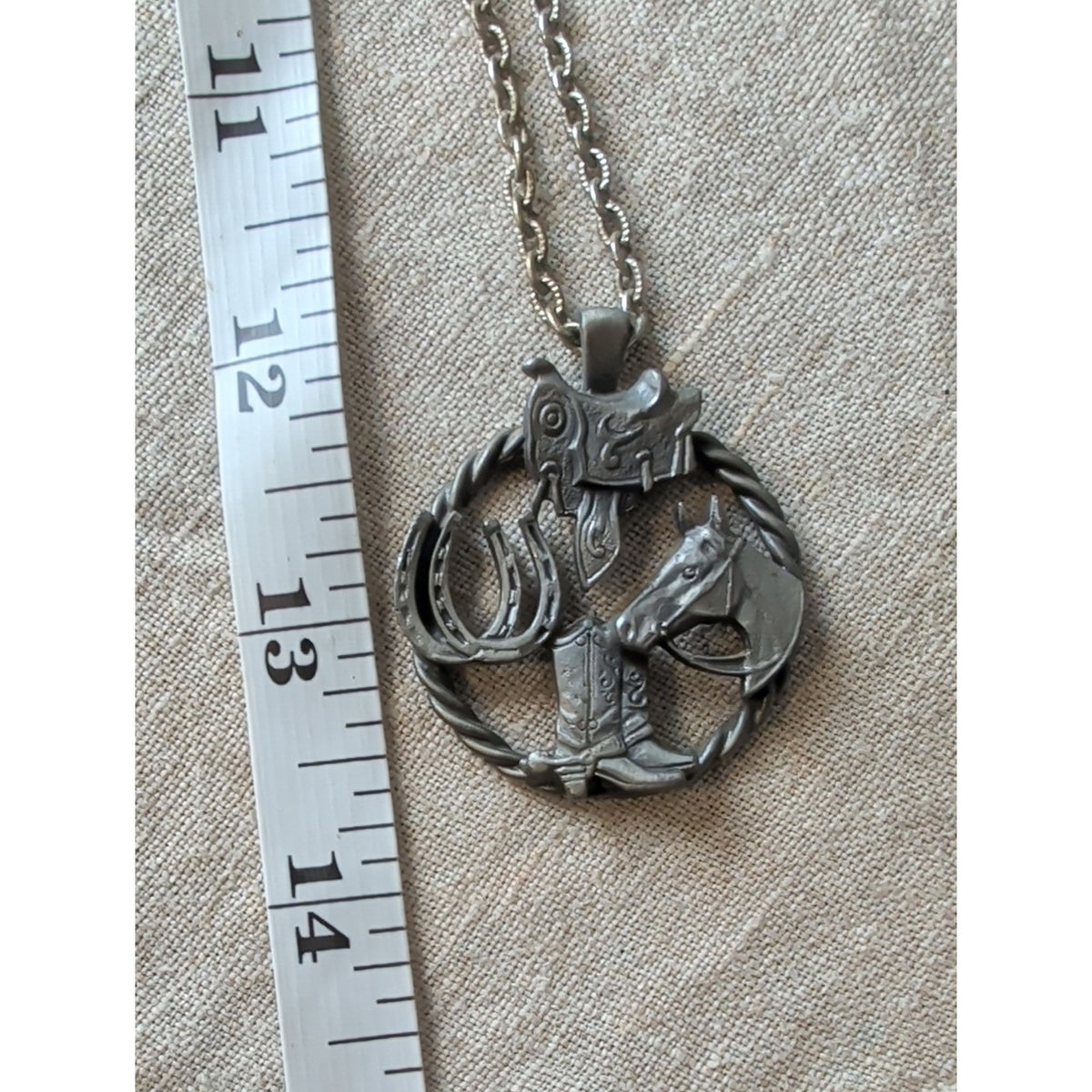 Western Horse Necklace Cowboy Boots Saddle Horseshoe Pewter Tone Pendant