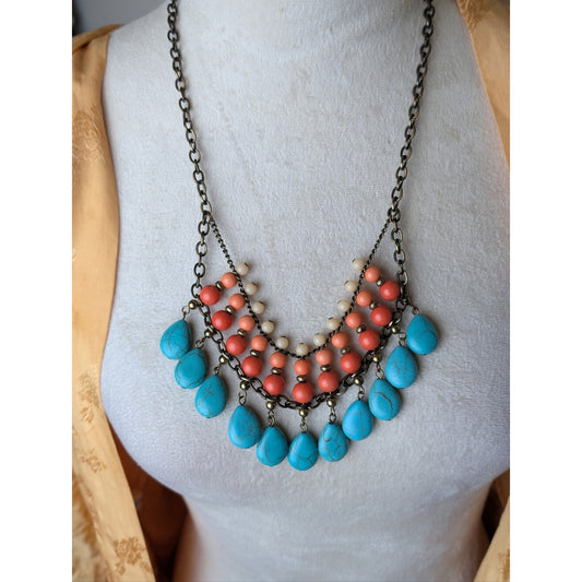 Turquoise Coral Glass Bead Bib Necklace Boho Southwestern Statement Necklace