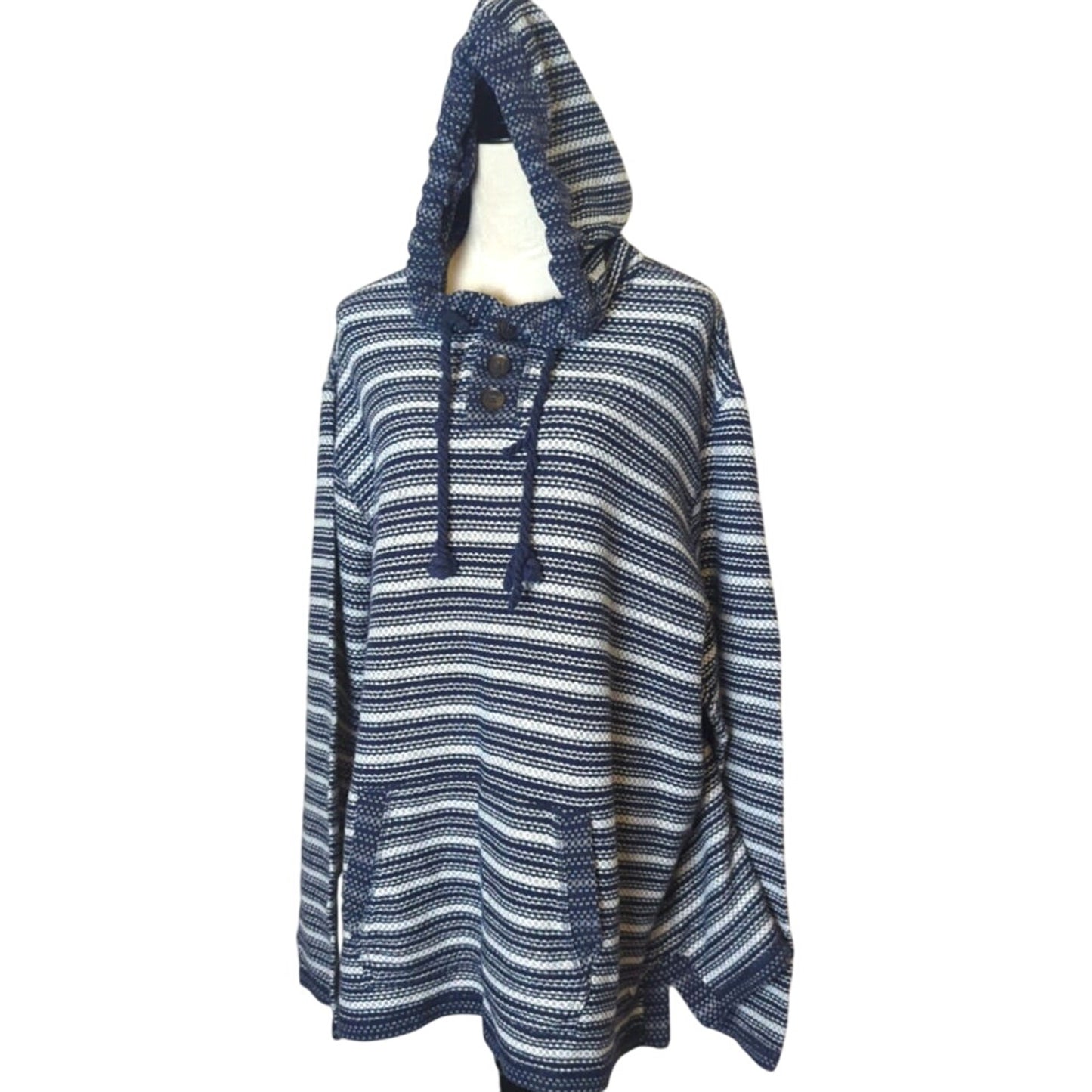 Southwestern Oversized Popover Gauzy Knit Sweater Hooded Pouch Pocket XXL