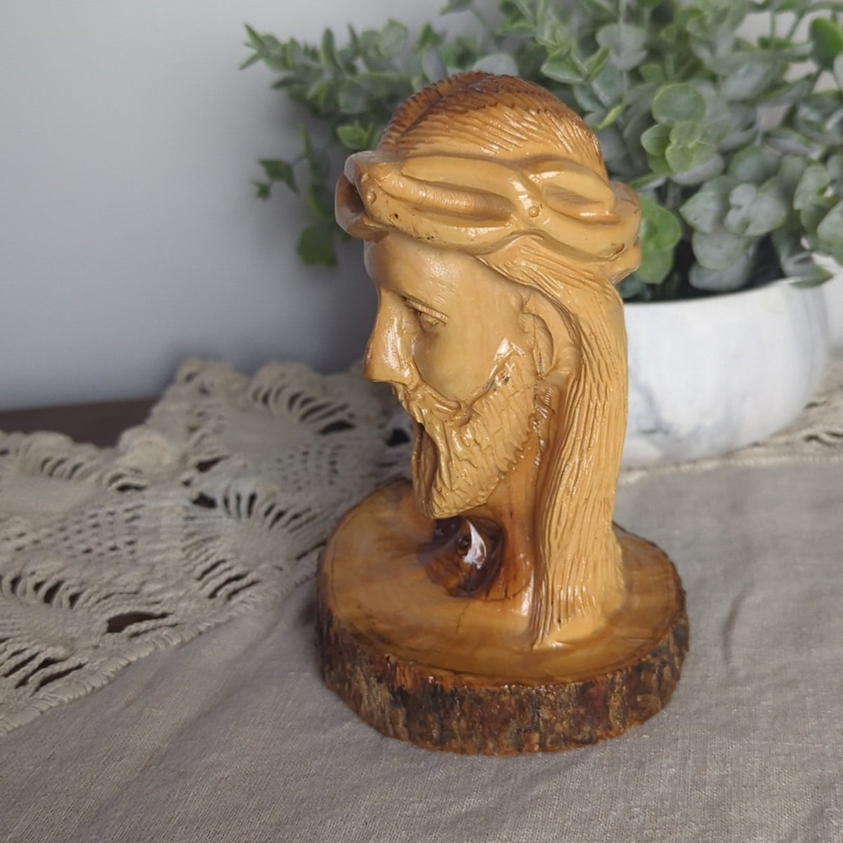 Vintage Hand Carved Olive Wood Jesus Bust Holy Land Israel Religious Carving