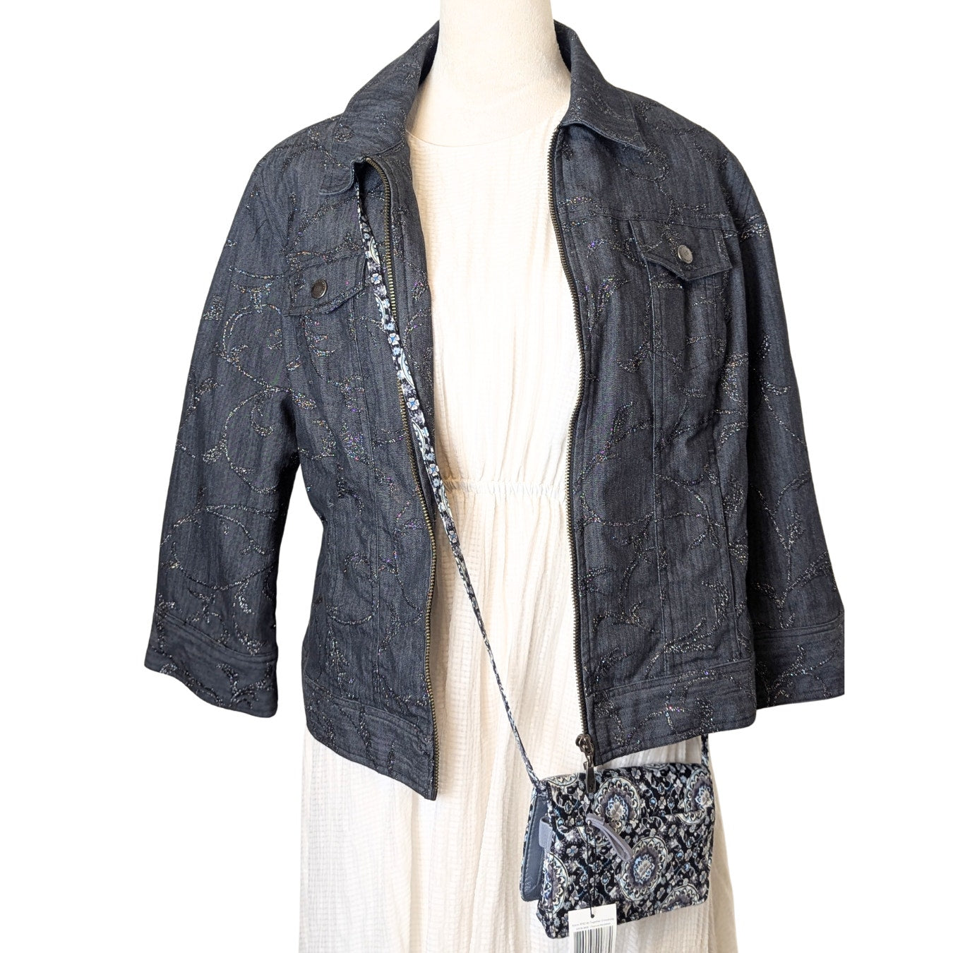 Boho Chic Dark Zip Up Denim Jacket Whimsical Embroidered Embellishment Size 12