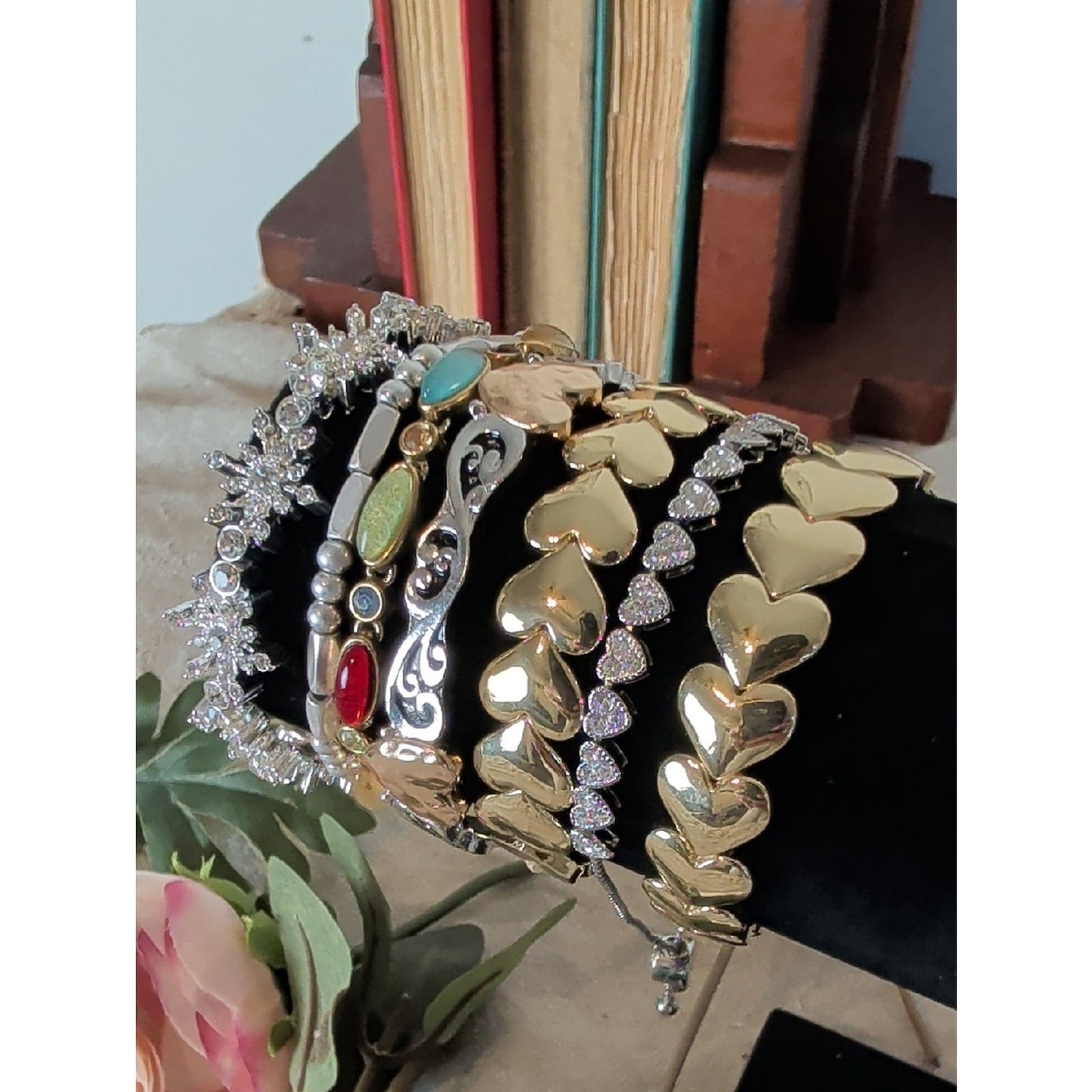 Eclectic Bracelet Stack Lot Gold Silver Rhinestone Gemstone Coquette Glam
