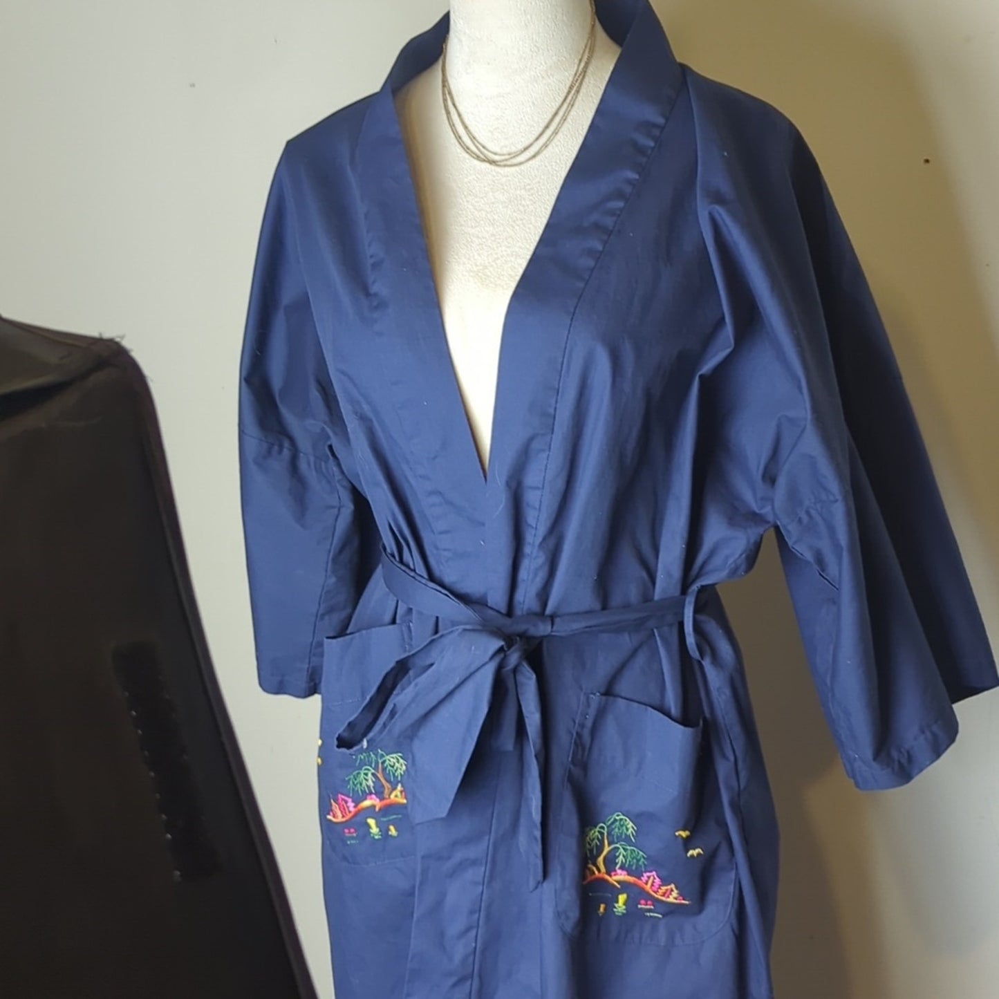Vintage Japanese-Inspired Kimono Robe Navy Wrap Duster  Embroidered Pockets