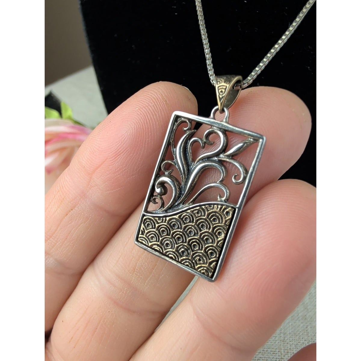eSBe Designs Sara Blaine 925 Sterling Silver Brass Pendant Vintage Italy Box Chain Necklace 7g
