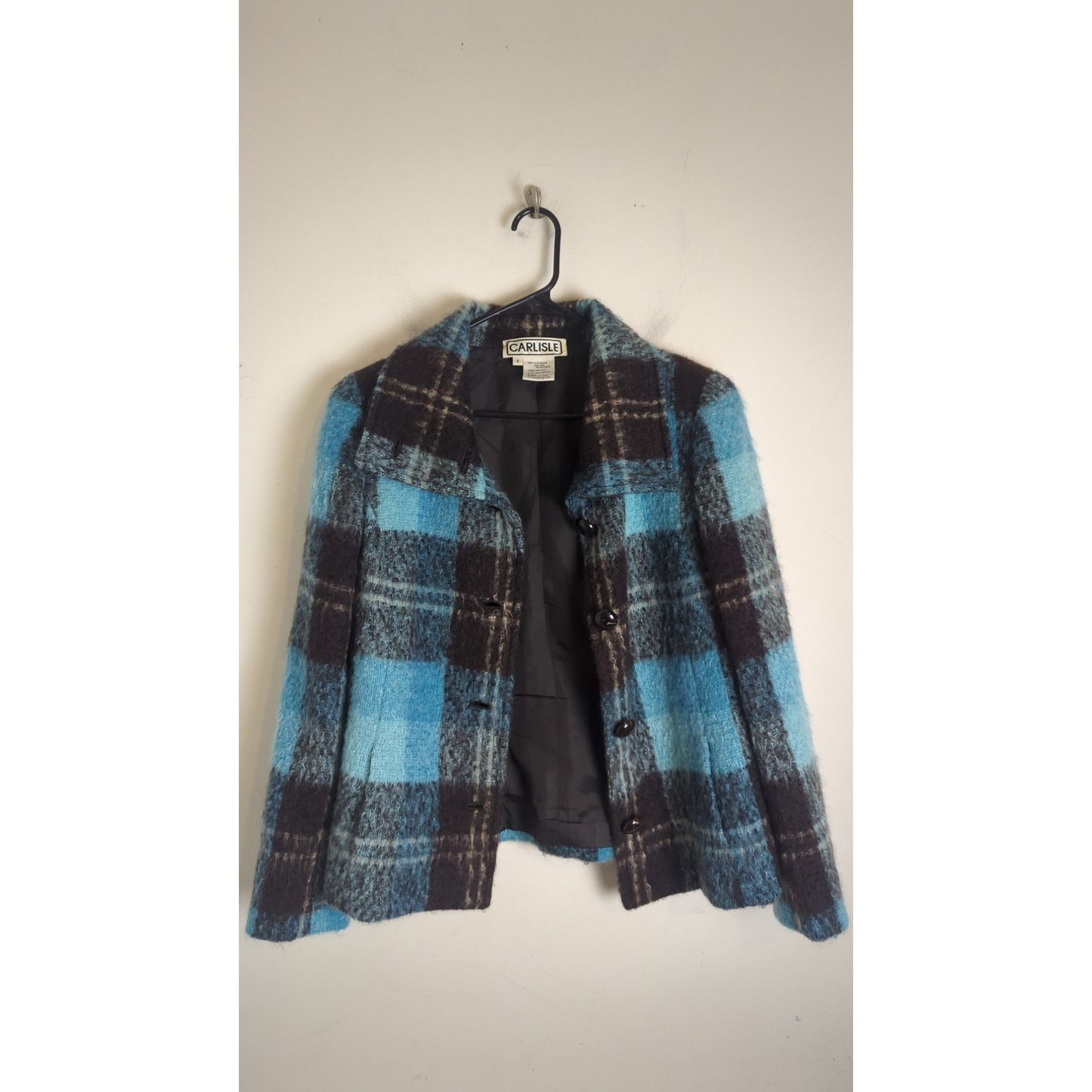 Vintage Mod Mohair Silk Wool Teal & Brown Plaid Lined Jacket Women's Size 8