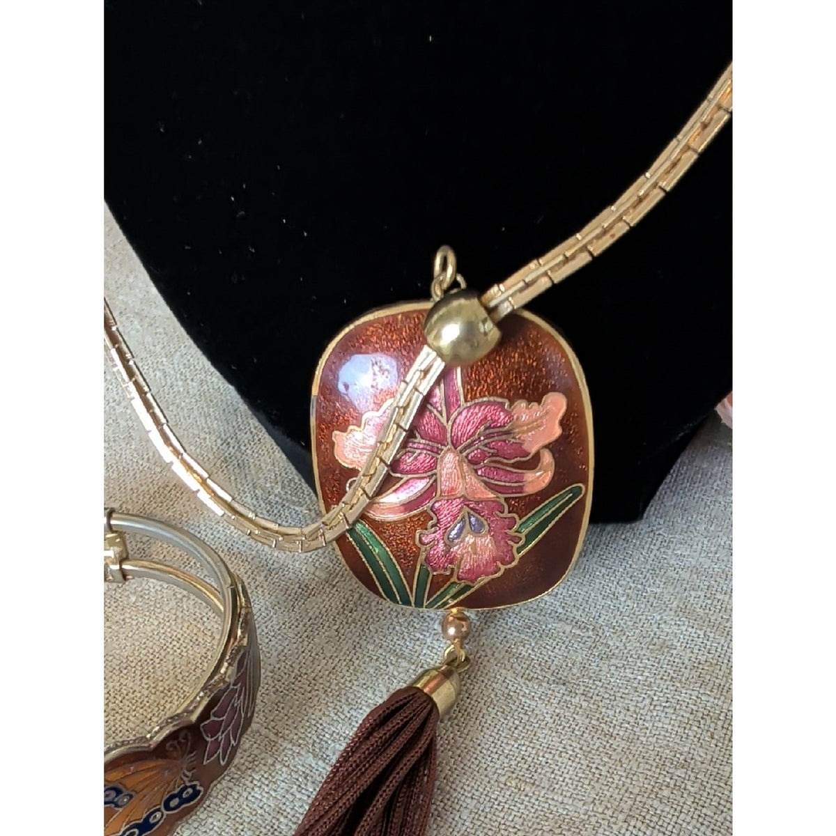 Vintage Cloisonné Style Orchid Tassel Necklace With Hinge Cuff Bracelet
