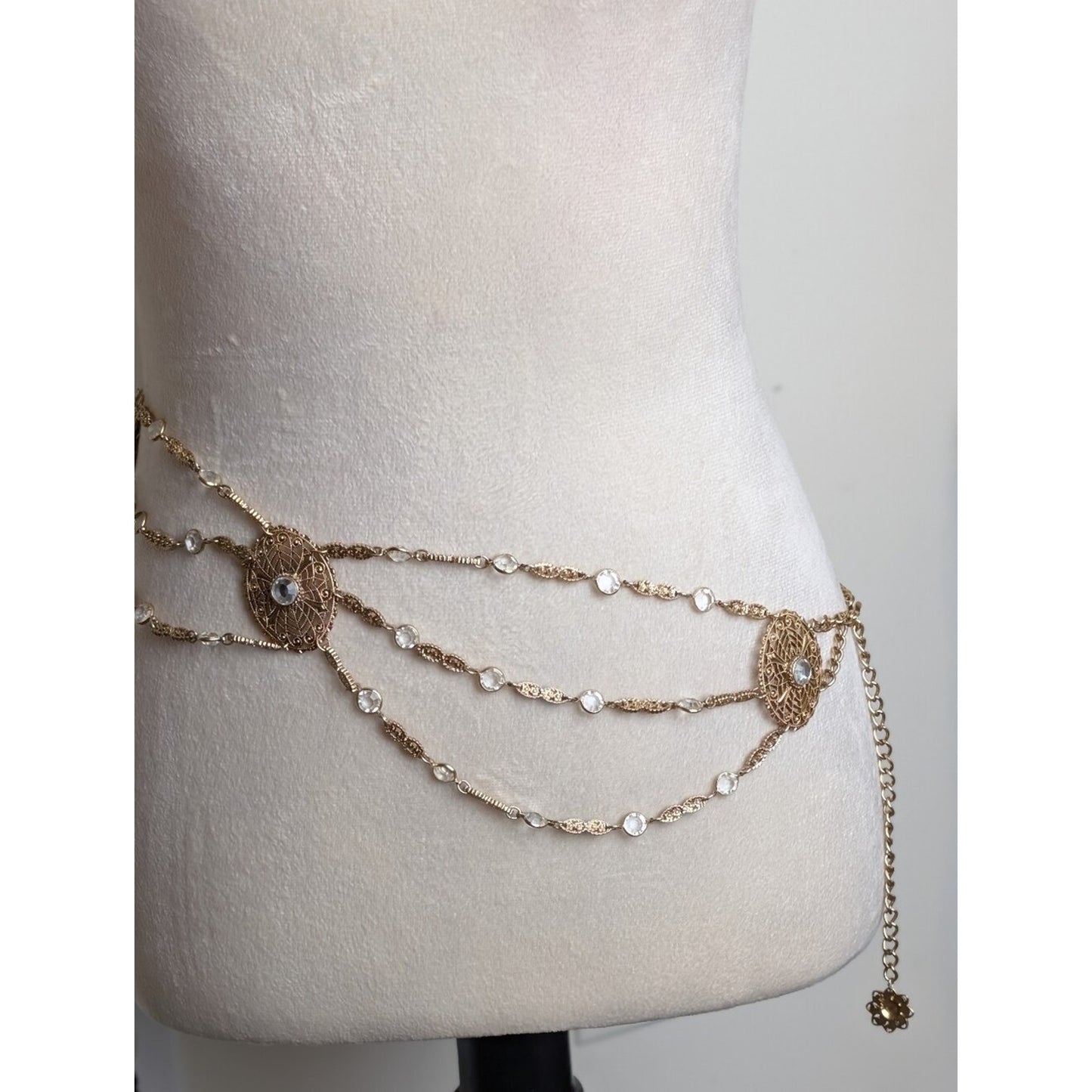 Boho Gold Tone Filigree Crystal Waist Belt Layered Chain Festival Fairycore