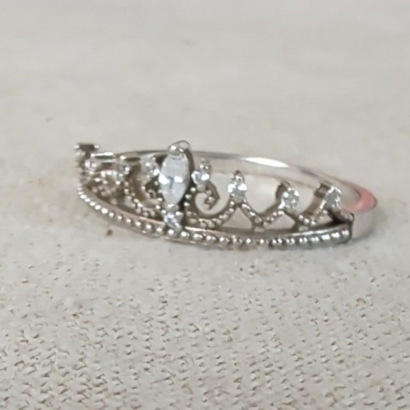 925 Sterling Silver Princess Tiara Crown Ring CZ Size 9.5