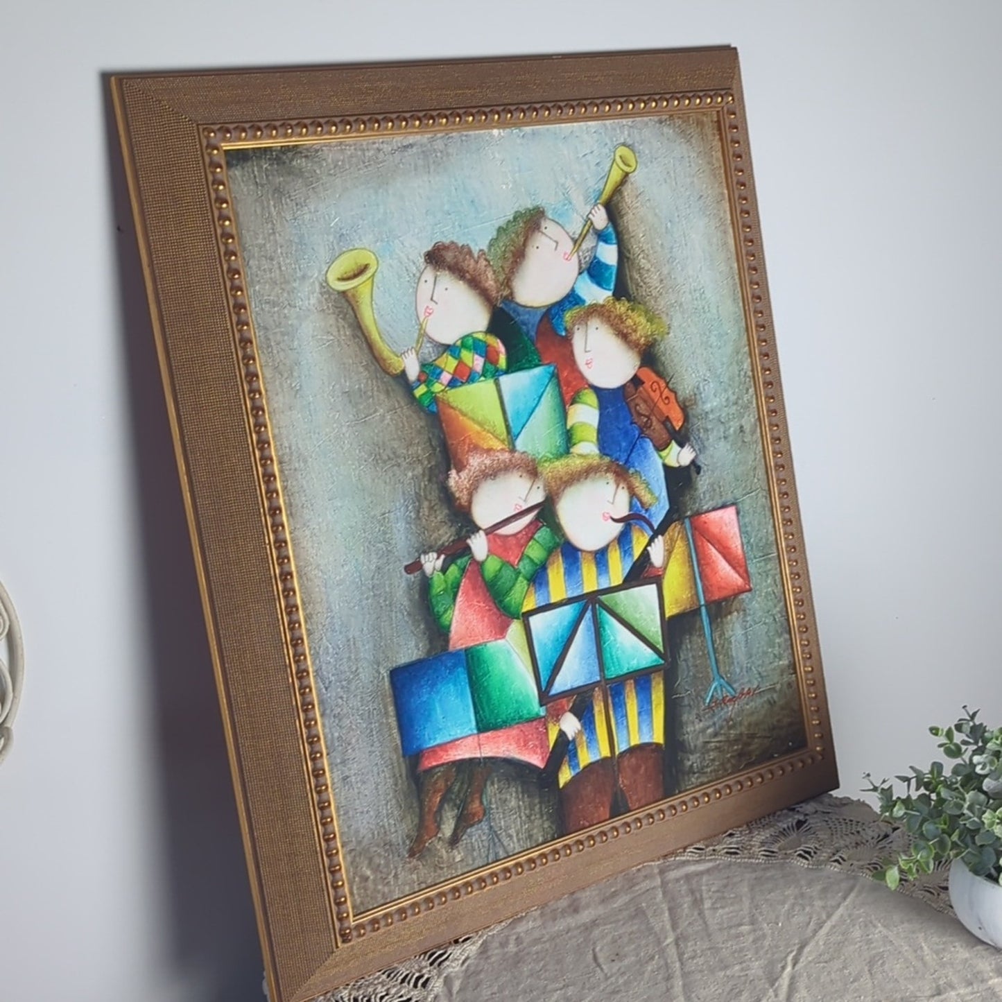 Vintage Roybal Style Musicians Painting Framed Canvas Whimsical Folk Art 24x28