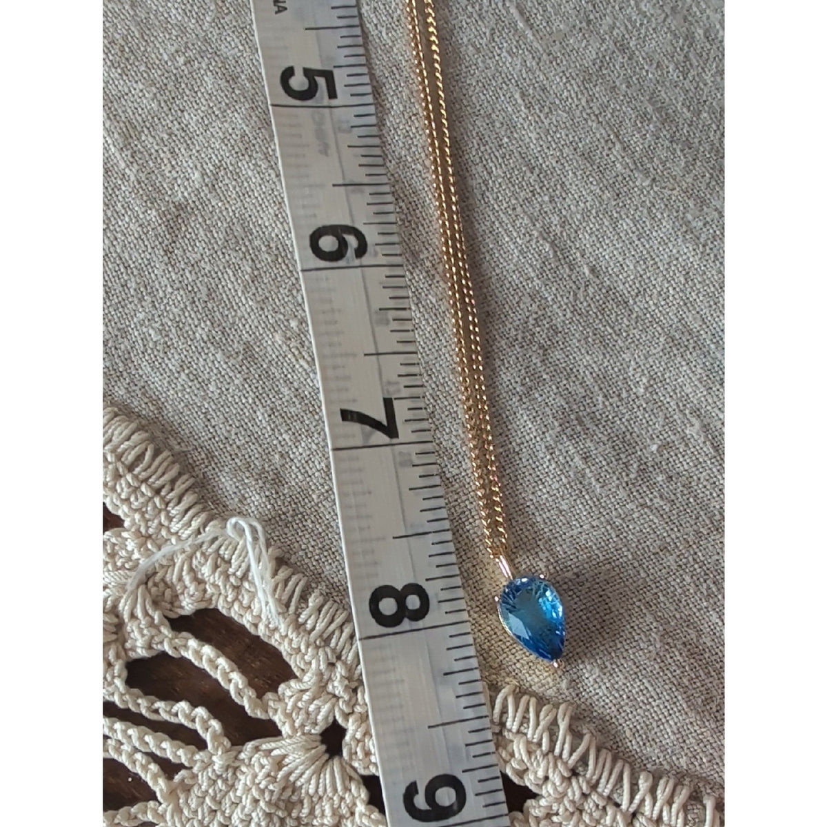 Blue Crystal Teardrop Pendant Necklace  Gold Tone Celestial Glam Statement